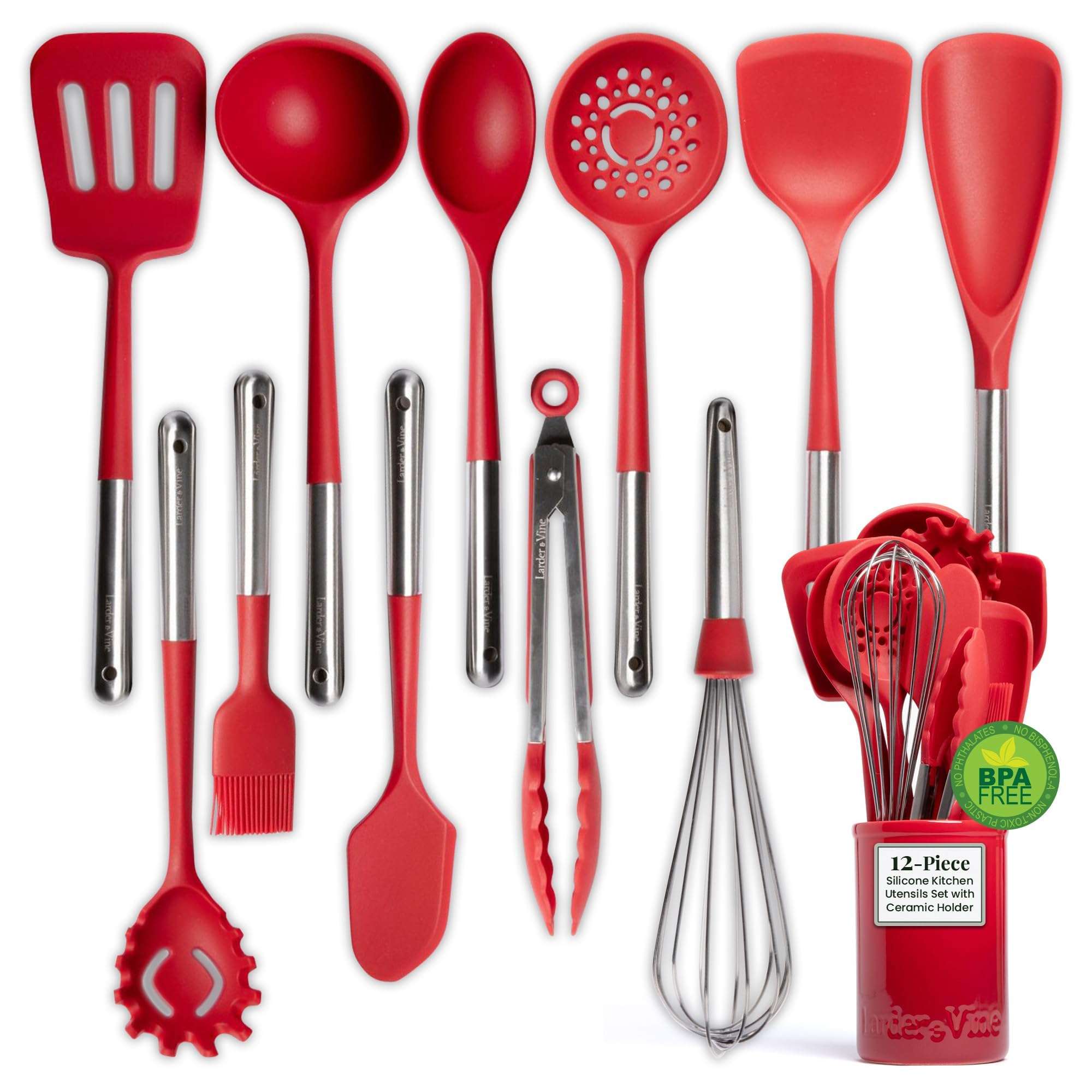 12-Piece Silicone Cooking Utensils Set | Silicone Utensils with Stainless Steel Handle and Ceramic Holder | Kitchen Utensils Set | Dishwasher Safe Set of Kitchen Essentials | Cabernet 1