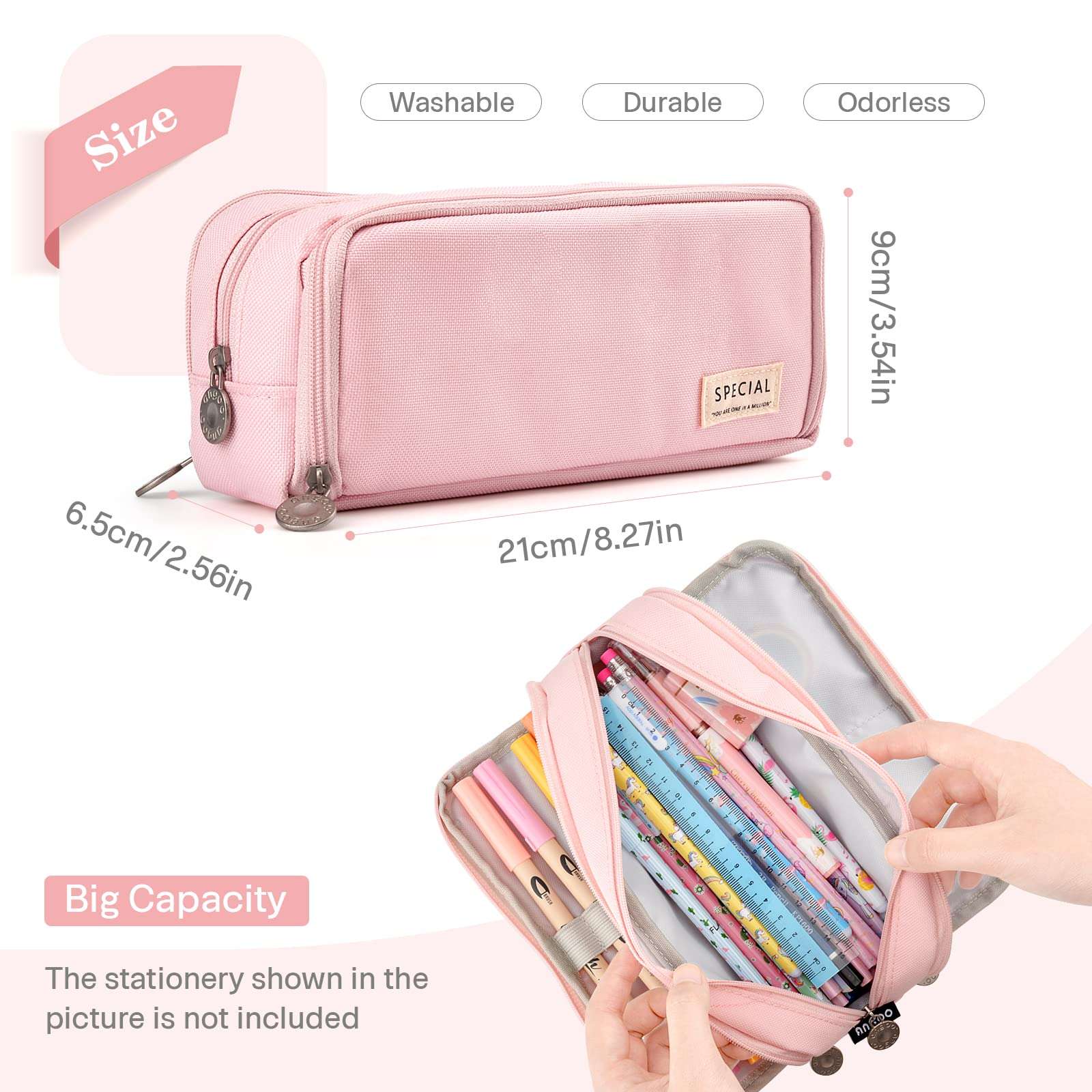 Anyfirst Large Pencil Case, Big Capacity Pencil Cases with 3 Compartments, School Supplies Stationery Storage Organizer for Girls Boys Students Adults, Pink, School Bag 3