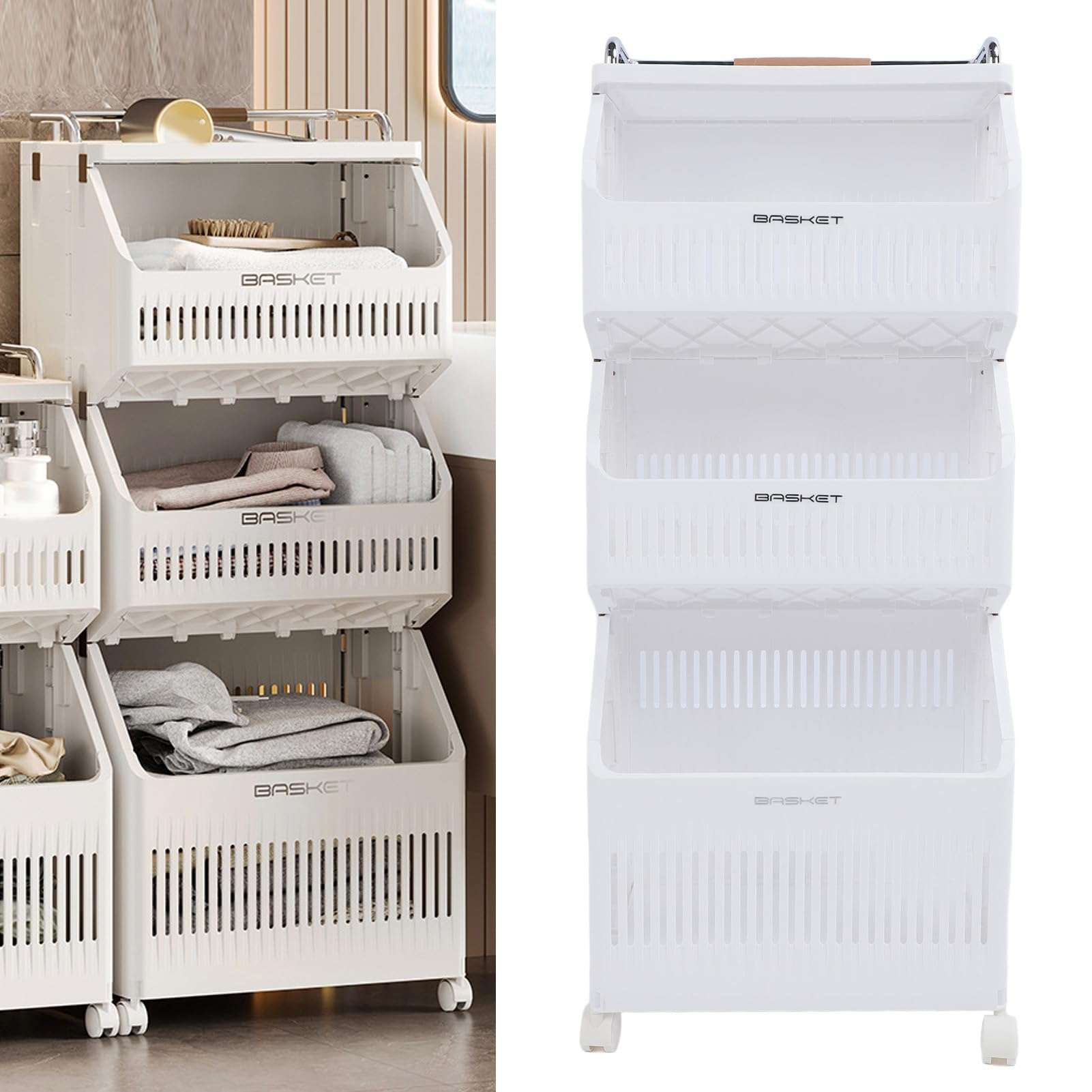Vikye Rolling Storage Cart, Sturdy Laundry Basket Organizer with Wheels, Space - Saving Folding Design for Kitchen Bathroom Living Room (3 Tiers) 6