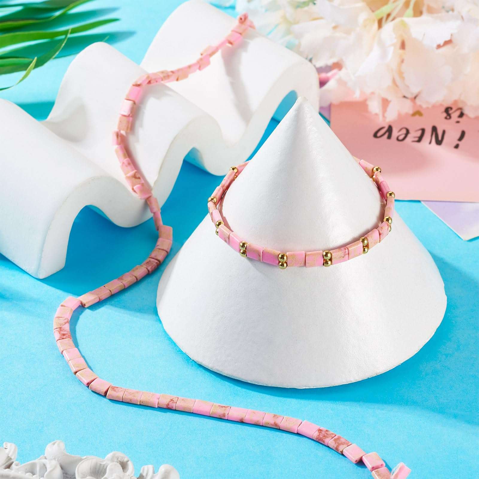 Magibeads 69Pcs 5mm Gemstone Beads Square Tila Beads Pink Jasper Beads 2 Hole Stone Seed Beads for Crafts DIY Multi Strand Elastic Bracelets Jewelry Making Supplies 4