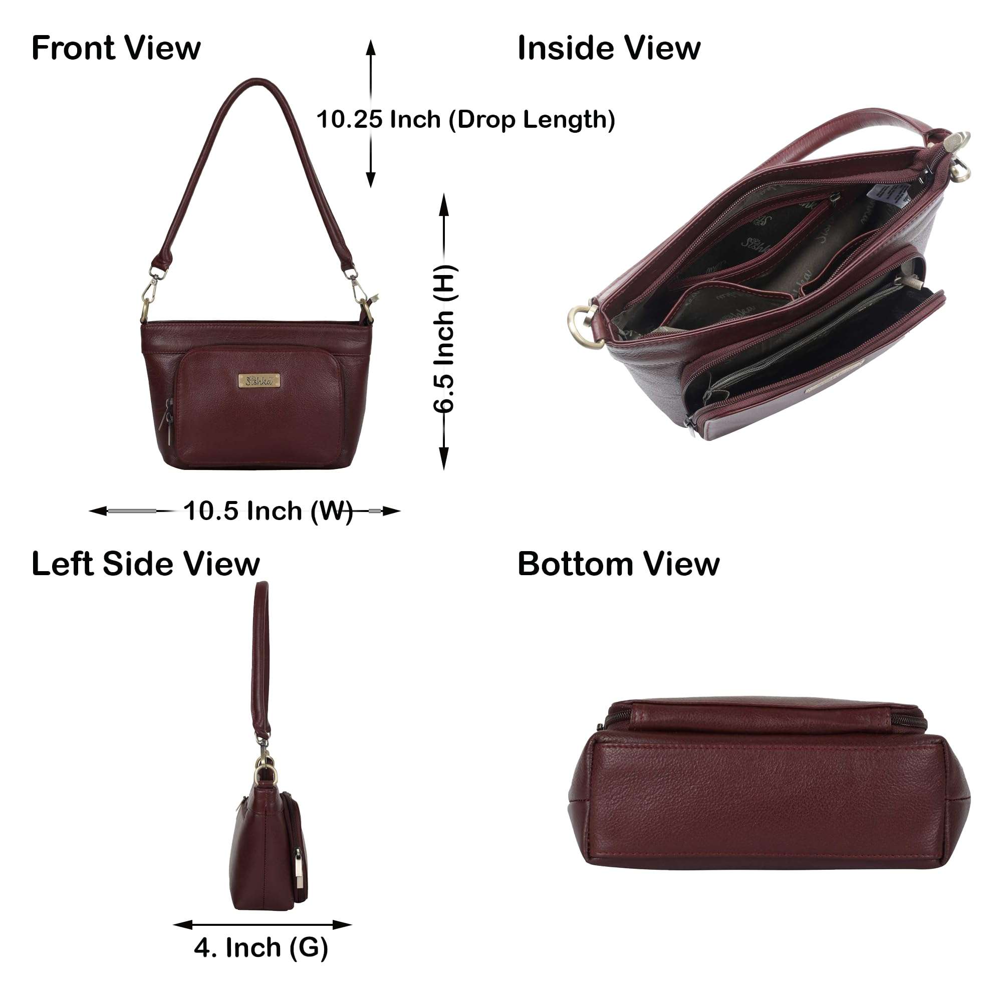 SISHKA Cherry Red Shoulder Bag for Women – Stylish Hobo Handbag, Soft Genuine Leather Tote with Top Zipper Closure, Ideal for Daily Use, Travel & Casual Outings (H 6.25" x W 10" x D 4"). 3