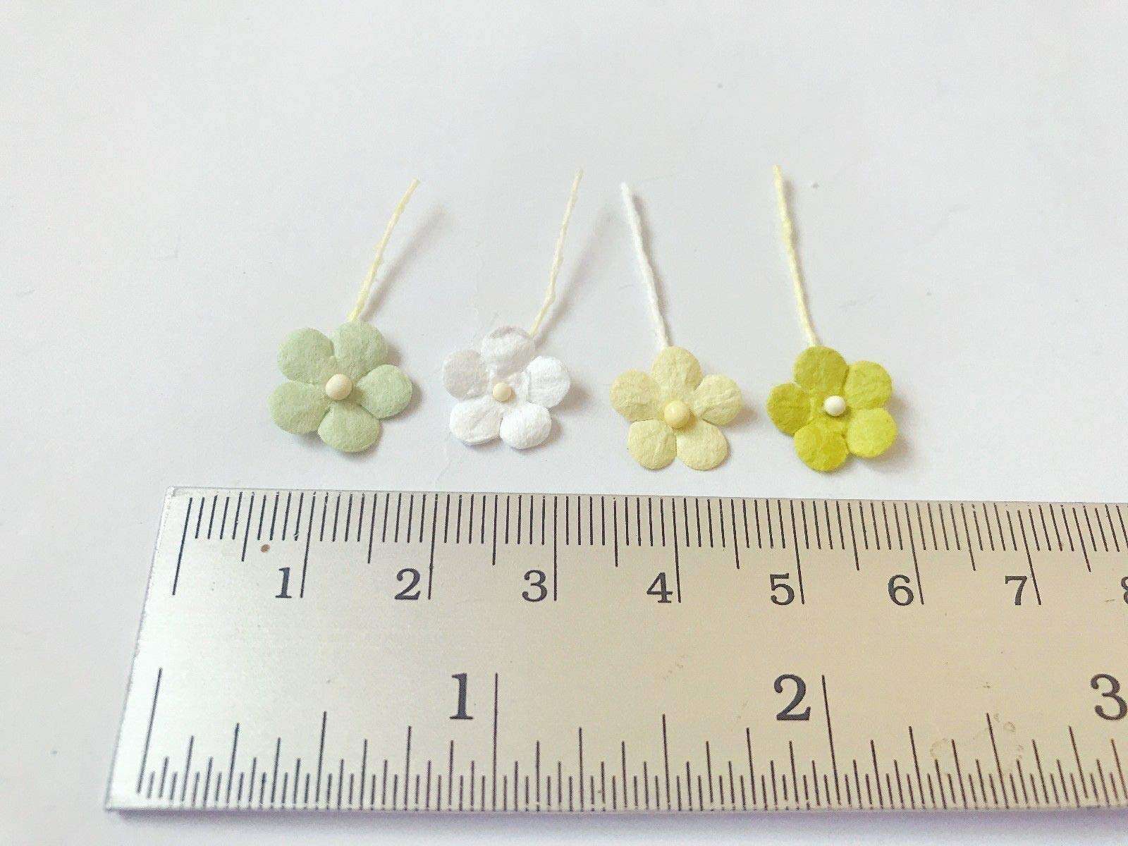 TH 50 Tiny Mixed Green1 Flowers Embellishment with Thread stem 10 mm Mulberry Paper Flowers Tiny Size Craft Supplies Scrap Booking Embellishments for so Many Card Craft Projects 5