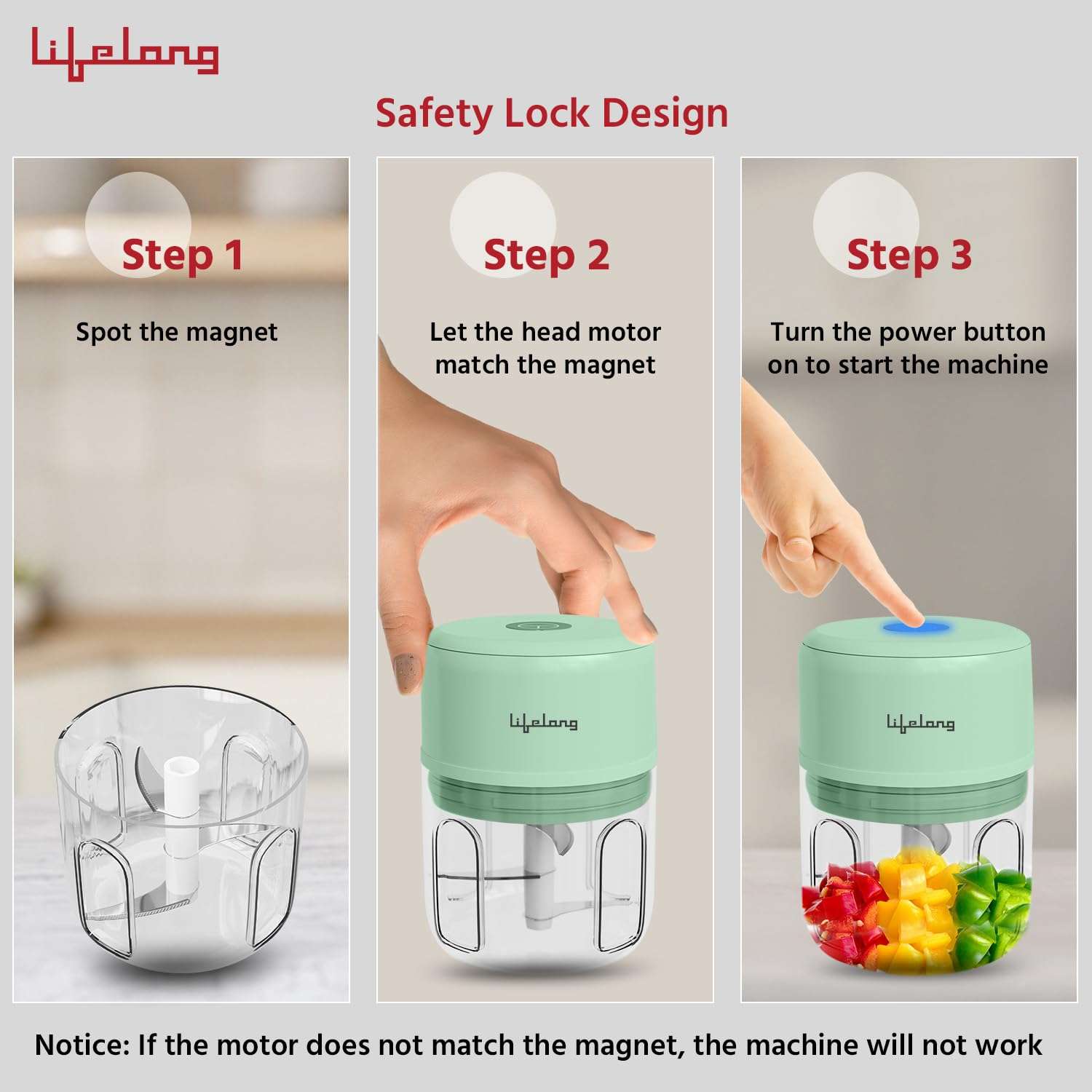 Lifelong USB Rechargeable Wireless Electric Chopper for Kitchen 30 Watts with Stainless Steel Blades for Onion, Garlic, Vegetables, Nuts - 250 ml (Green) 6