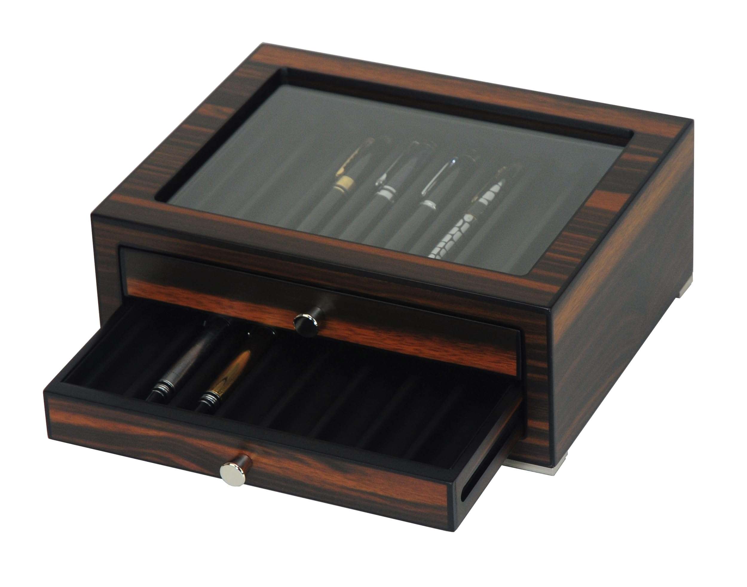 Lifomenz Co Stackable Wooden Display Case with Drawer – Slot Ebony Pen Cabinet, Luxury Fountain Pen Storage Box with Glass Window for Collection (2) 4