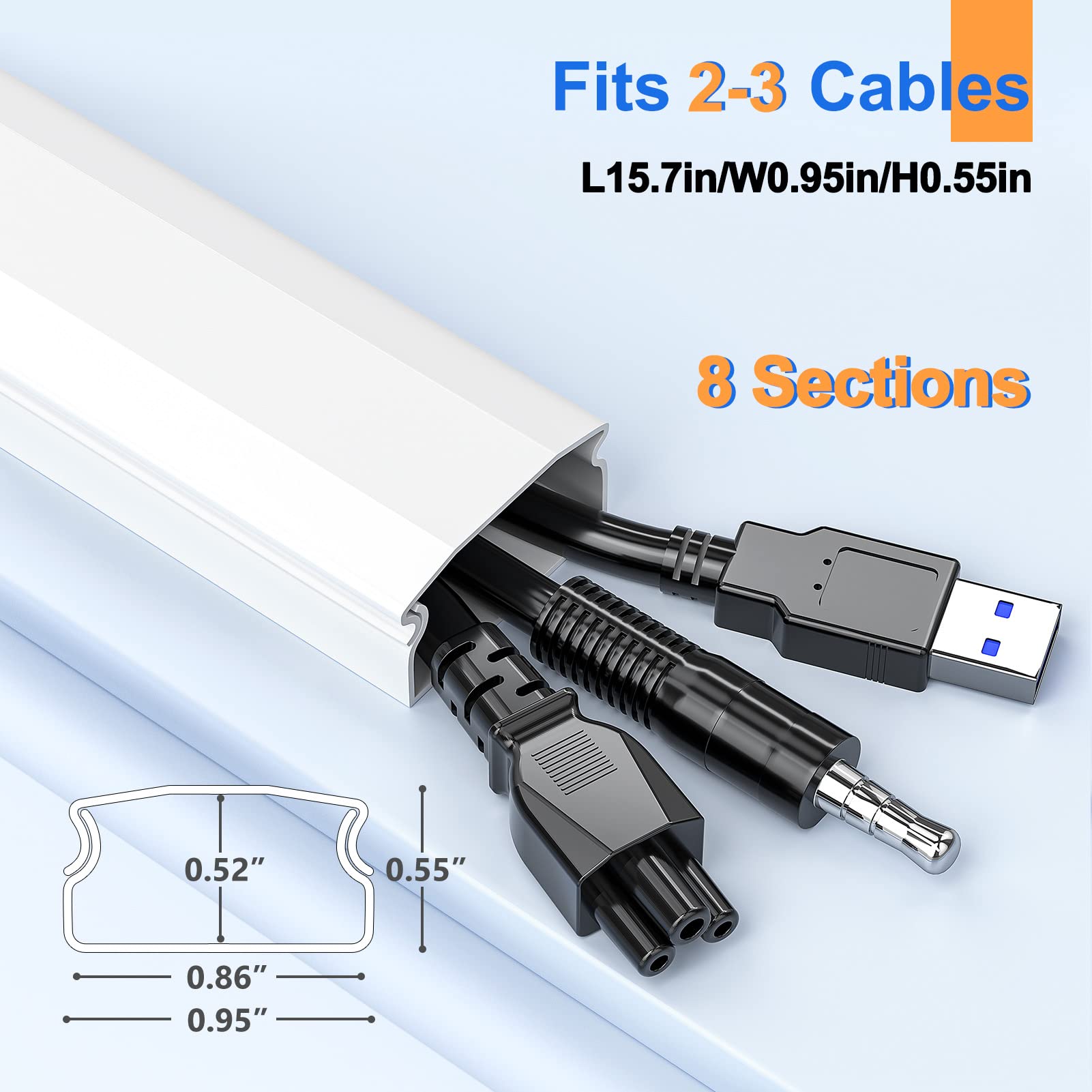 125in Cord Hider - Yecaye Self-Latching Cord Cover - TV Wire Hider on Wall - Snap-on Design Cable Raceway - Easy Install Cable Concealer Cord Management Home Office - 8X L15.7in W0.95in H0.55in 5