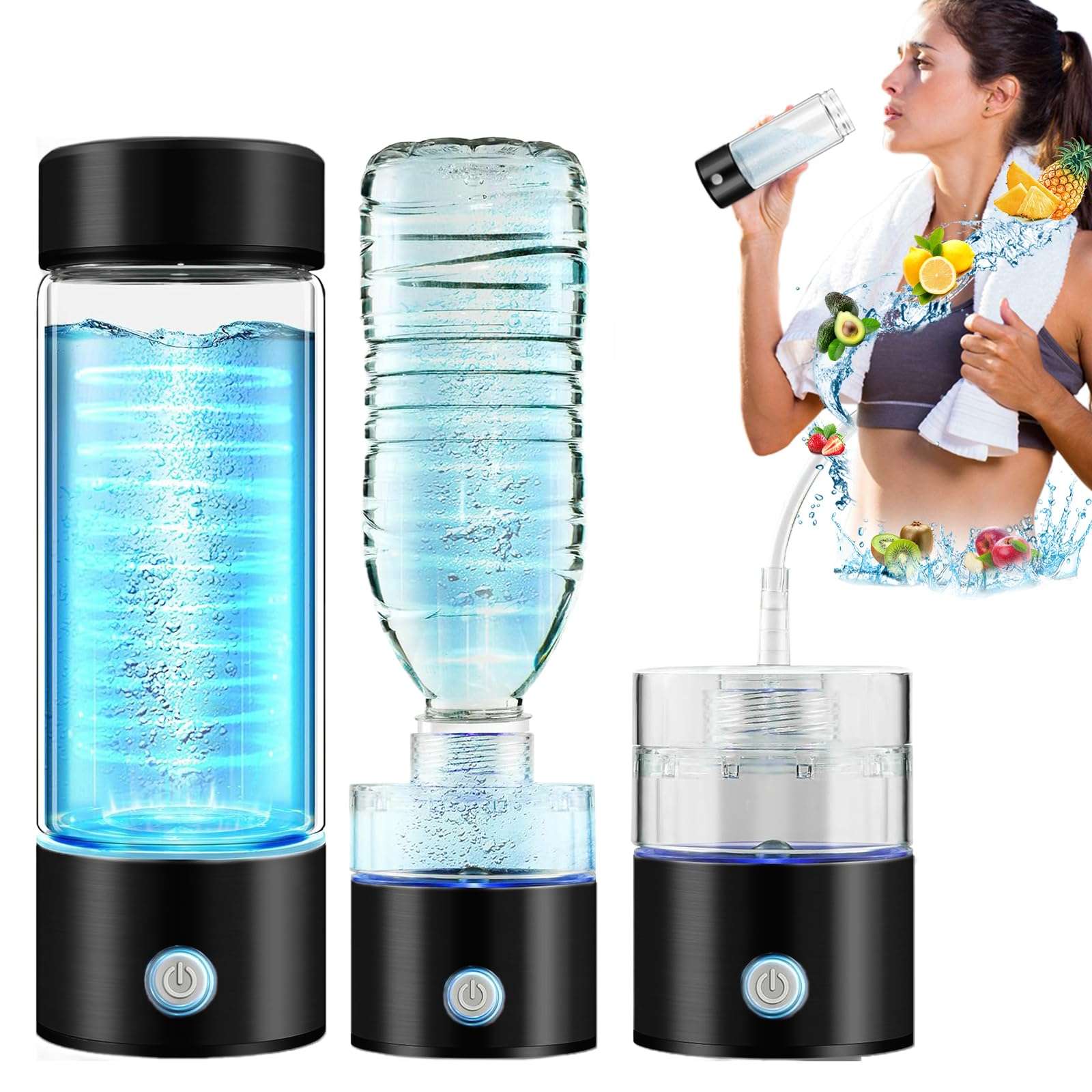 Preshwous Hydrogen Water Bottle, 3 in 1 Hydrogen Water Bottle Generator, 4000 PPB Hydrogen Water Bottles with SPE/PEM Technology, 14 OZ Hydrogen Water Machine for Gym Office School Running 1