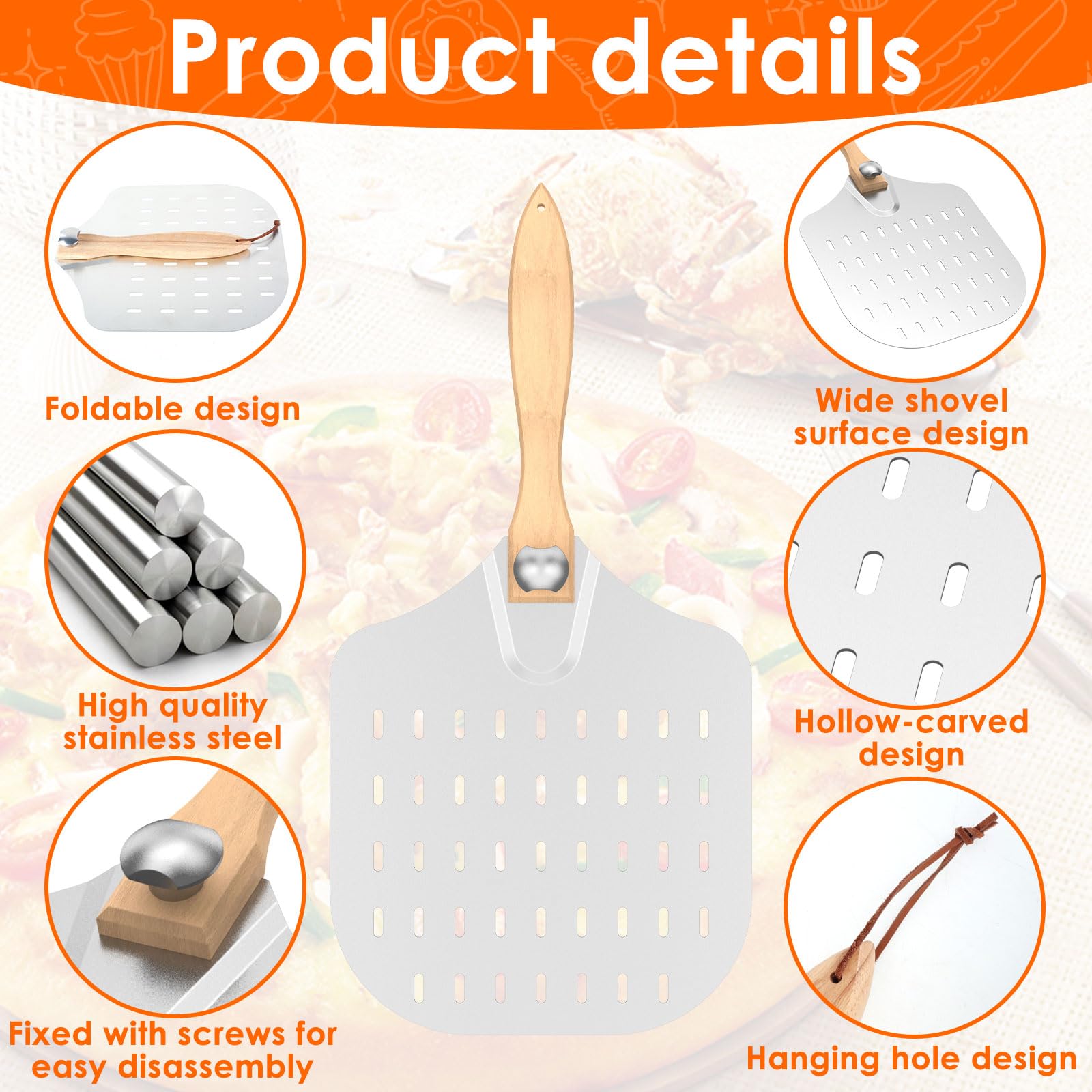 Pizza Peel Aluminum Pizza Spatula, 12 inch Perforated Pizza Paddle with Foldable Wood Handle, Metal Pizza Transfer Spatula Paddle Multipurpose Lightweight for Family Pizza Oven Baking Pizza Bread 5