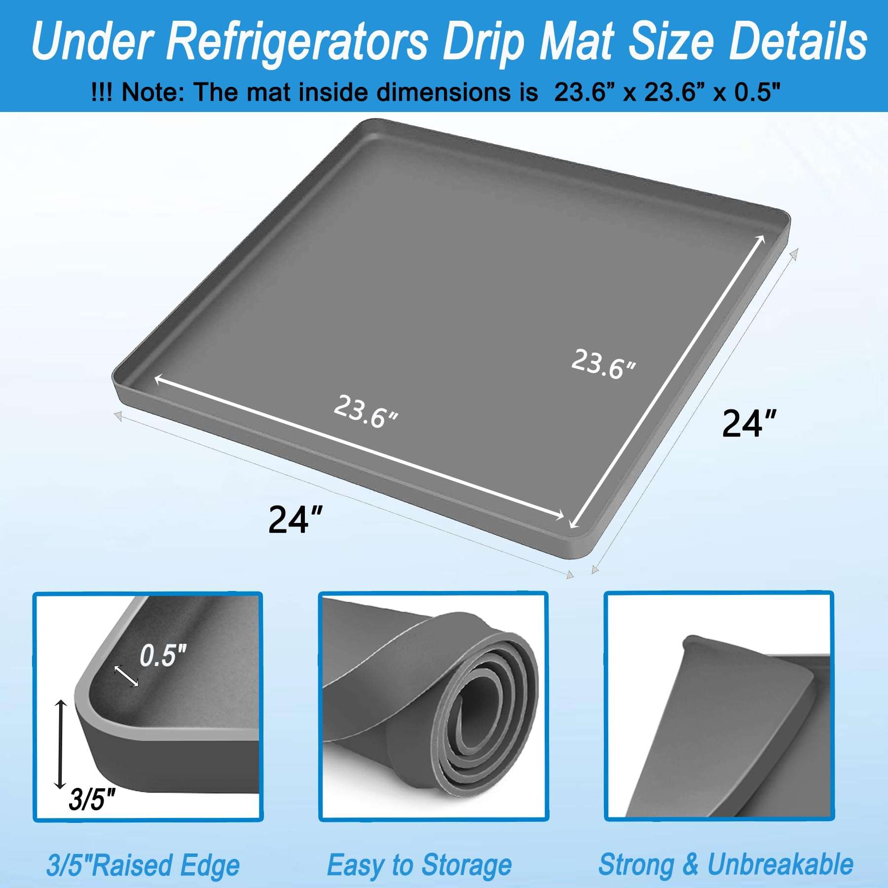 Refrigerator Floor Protector, 24" x 24" x 0.8" Mini Fridge Silicone Mat, Under Refrigerators Mat with Raised Edge, Laundry Guards for Washer and Dryer, Large Drip Tray, 2 Pack, Grey 3