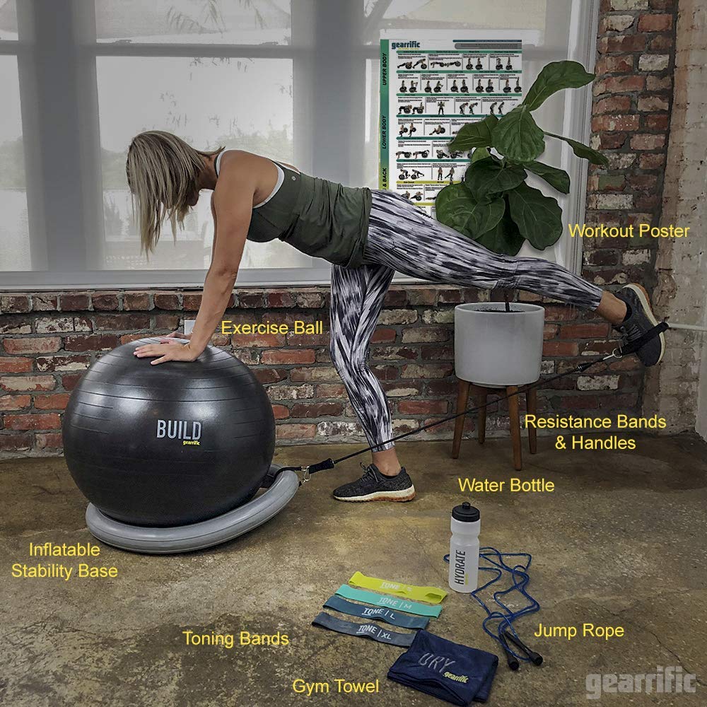 Workout Ball Set: Exercise Ball with Resistance Bands & Handles, Poster, Stability Base, Training Bands, Jump Rope, Water Bottle & Gym Towel 5