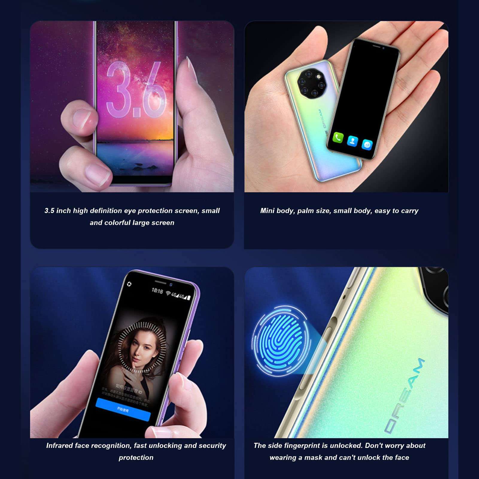 3.5 Inch Mini 4G Smart Phone, 3GB 32GB Dual Cards Dual Standby Mobile Phone for, Facial Fingerprint Unlocking Cell Phone for Students (Black) 3