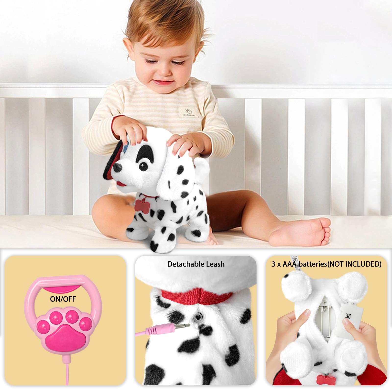 YH YUHUNG Walking Dalmatian Puppy with Remote Control Leash - Realistic Barking, Wagging Tail, and Head Nodding Actions - Interactive Plush Toy Electronic Pet Dog for Kids 4