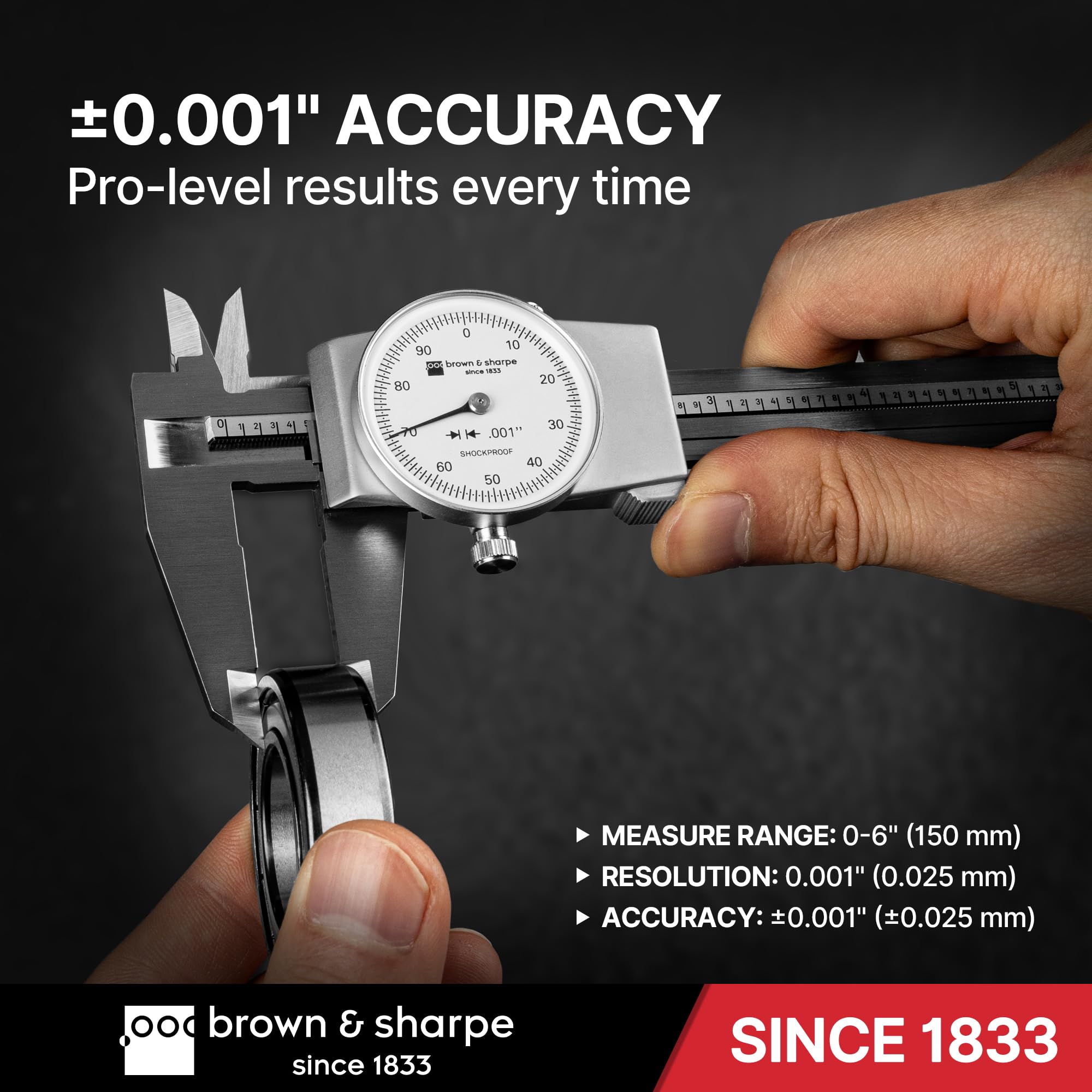 Brown & Sharpe 6-Inch Dial Caliper – Precision Stainless Steel Measuring Tool, White Dial, 0.001" Resolution, Hardened Construction, Shockproof Movement 4