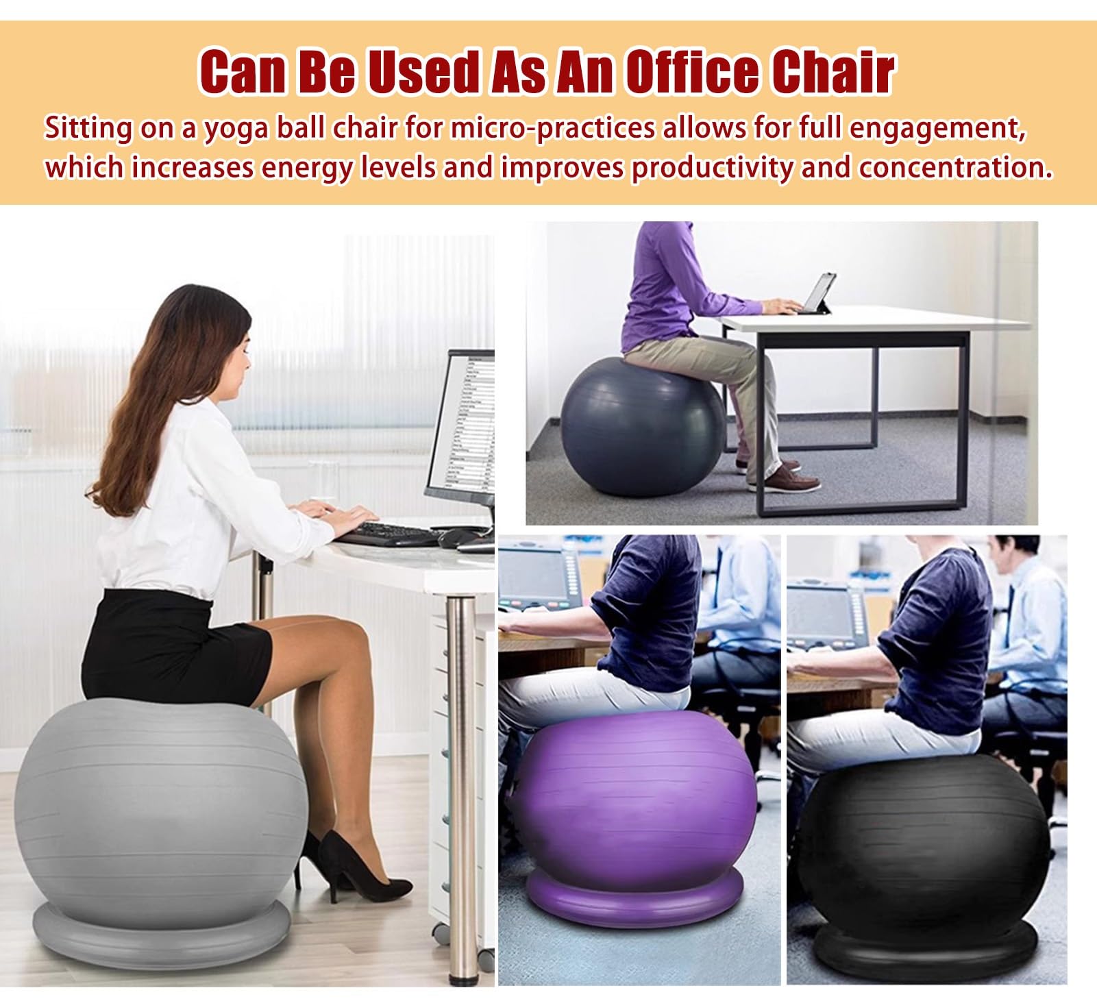 NUNETH Pregnancy Ball Balance Ball Support Chair Kit, PVC Burst Proof Exercise Ball with Ball Base Pump and Resistance Bands, Yoga Pilates Fitness Ball (Color : Black, Size : 55cm (Height 150-160cm)) 5