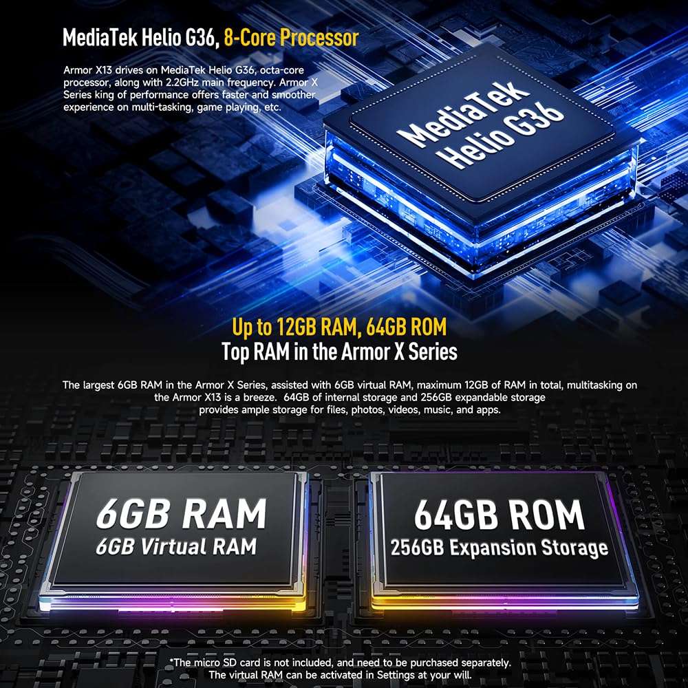 Ulefone Armor X8 (2022) Unlocked Rugged Smartphone Android 11 Octa-core 4GB + 64GB Waterproof Cell Phone, 13MP Triple Rear Camera, 5.7" HD+ Display 5080mAh Battery, Dual SIM 4G Rugged Phone -Black 3