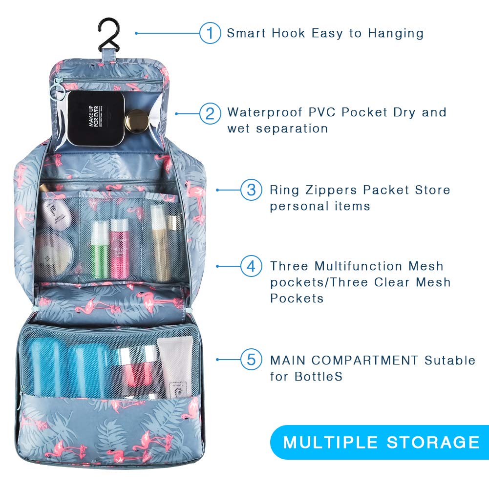 Blibly Waterproof Flamingo Hanging Travel Toiletry and Makeup Cosmetic Organizer Bag for Women (Light Blue, 10.6x7.3x3.3 Inch) 3