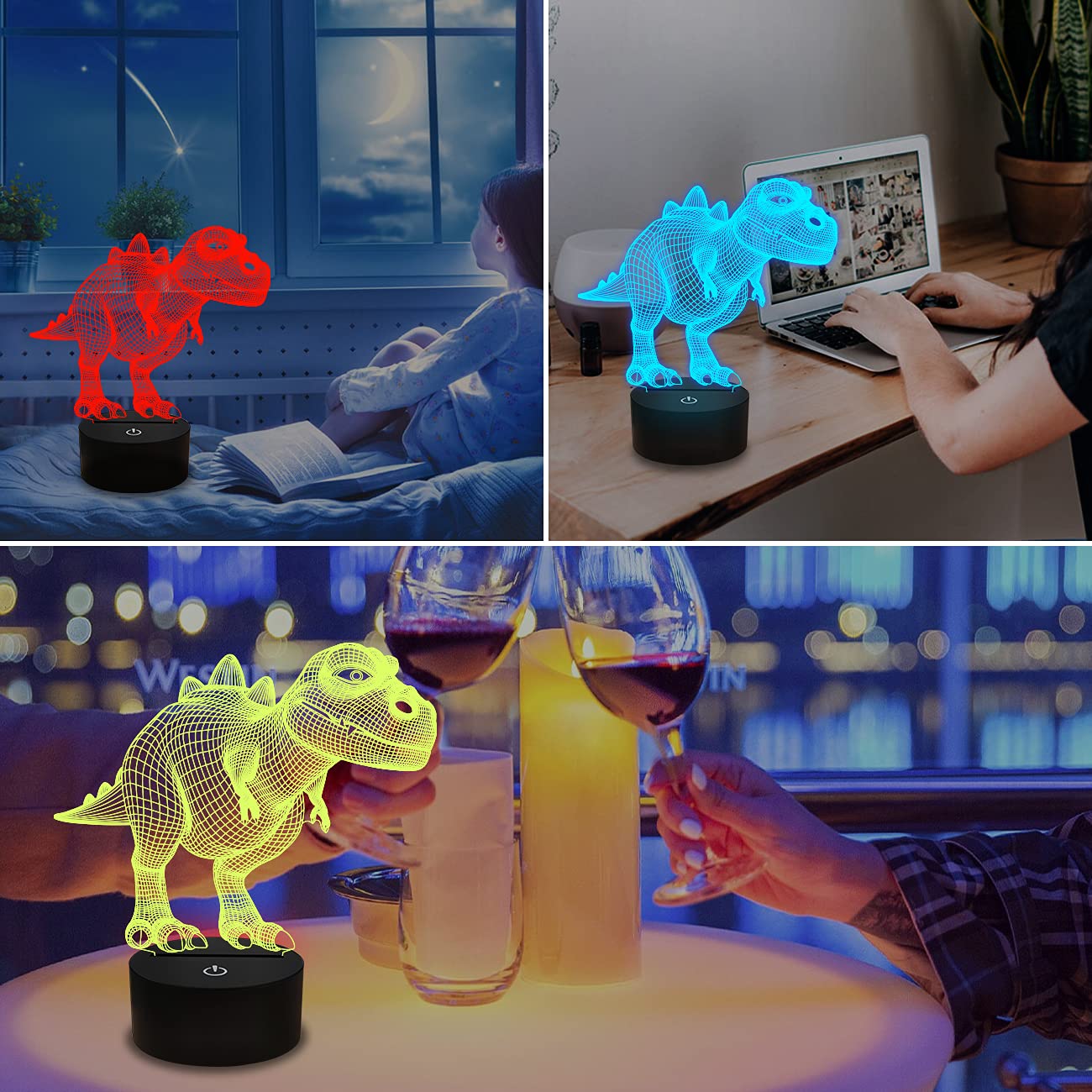Night Light for Kids Dinosaur T-rex 3D Night Light Bedside Lamp 7 Color Changing Xmas Halloween Birthday Gift Toys for Child Baby Boy 6