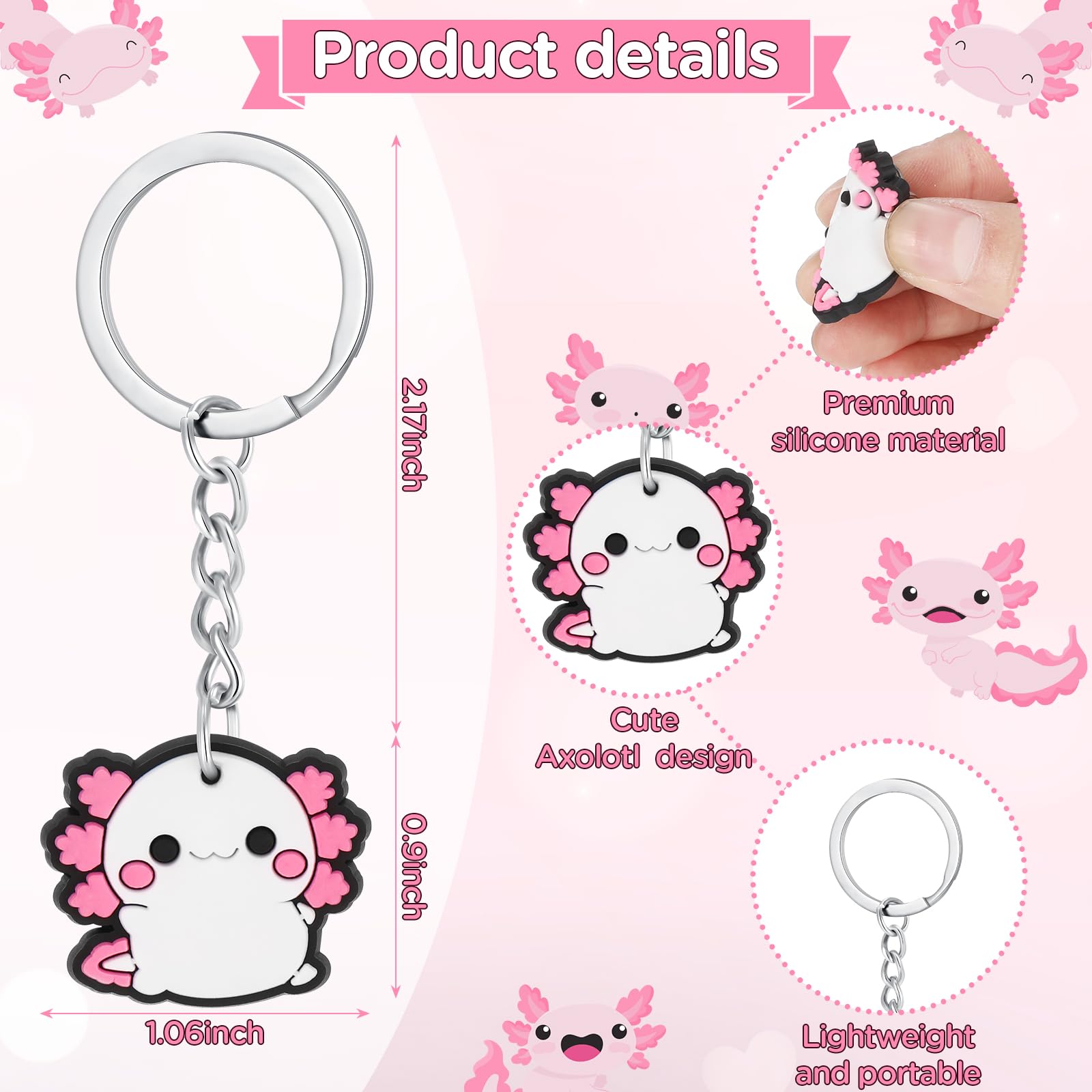 Neptniopllab Axolotl Keychain Pack, 24 Pieces Acrylic 3D Axolotl Birthday Decorations with D-ring Clips Axolotl Charms Pendant Accessories for Women Kids Boy Girl Christmas Birthday Gift 4