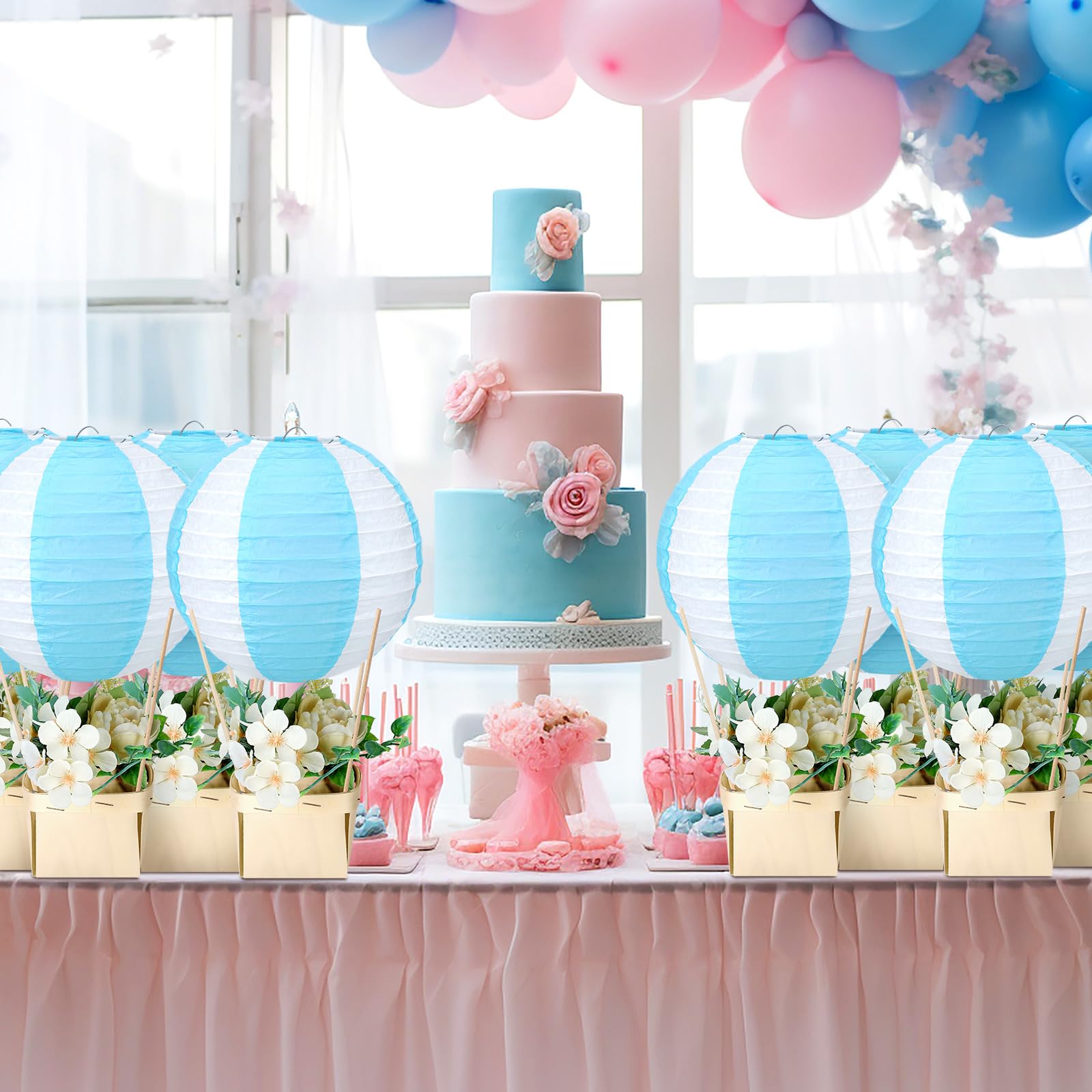 Rossesay 12 Sets Baby Shower Hot Air Balloon Table Centerpieces Hot Air Balloon Centerpieces for Baby Shower with Wooden Baskets Sticks Baby Shower Table Decorations for Gender Reveal Birthday (Blue) 5