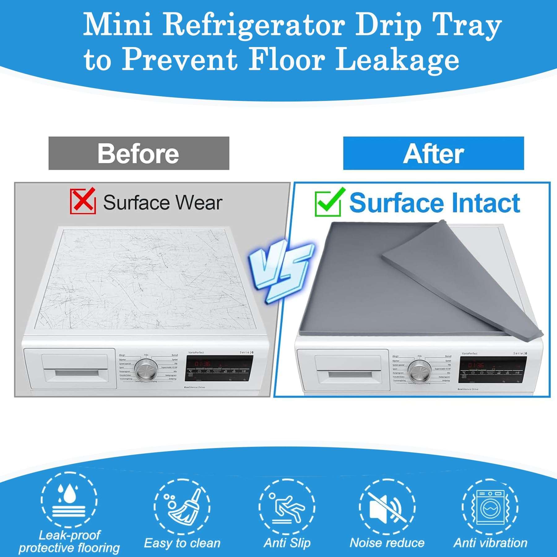 Refrigerator Floor Protector, 24" x 24" x 0.8" Mini Fridge Silicone Mat, Under Refrigerators Mat with Raised Edge, Laundry Guards for Washer and Dryer, Large Drip Tray, 2 Pack, Grey 6