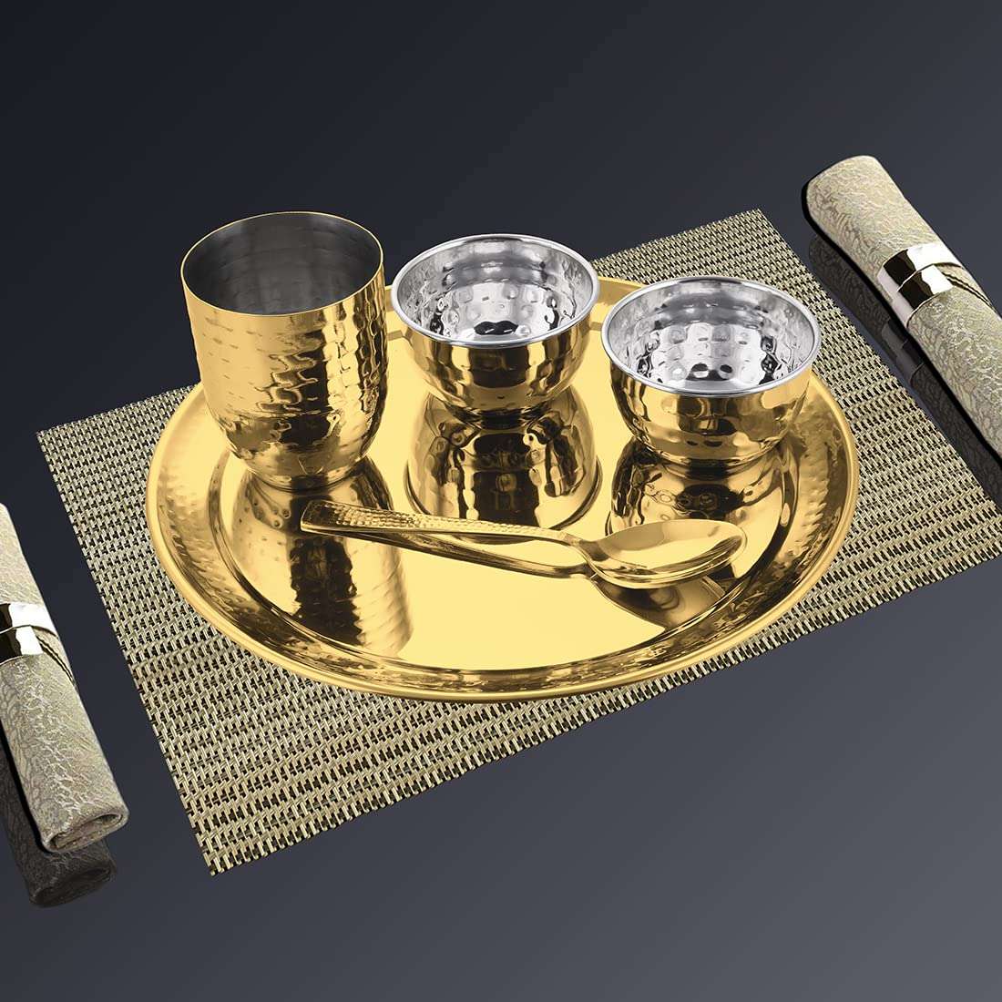 Shri & Sam High Grade Stainless Steel Diamond Hammered Gold Thali Set with PVD Coating 4