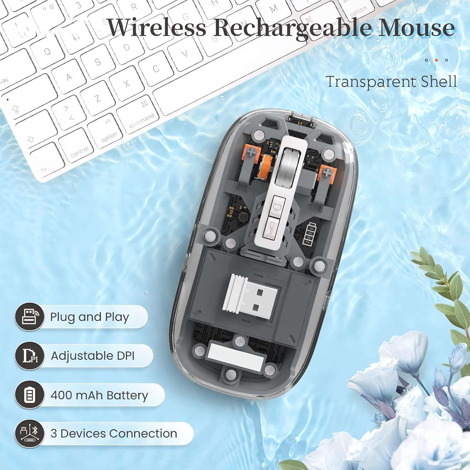 MICROWARE Wireless Transparent Mouse, Bluetooth Mouse Rechargeale, Power Display,DPI,Shortcut, Bluetooth5.1 + 2.4GHz 2in1 Receiver(USB) - Gray 4