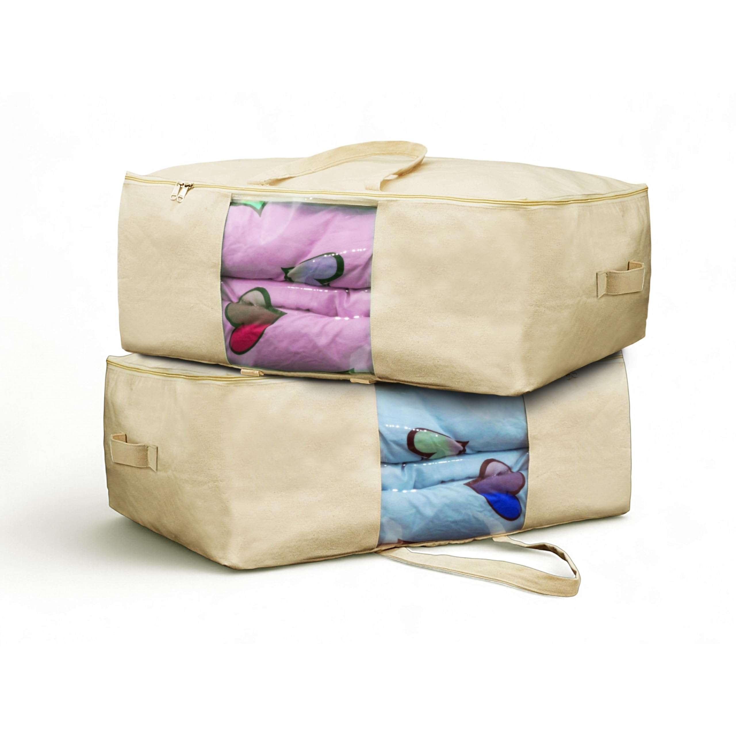 SOLSTICE Extra Large Cotton Canvas Storage Bag 25x19x9 inch with Zipper, 4 Handles & Window for Sarees, Pillows, Blankets & Seasonal Clothes as Wardrobe Organizer and Under Bed Storage | Pack of 2 1