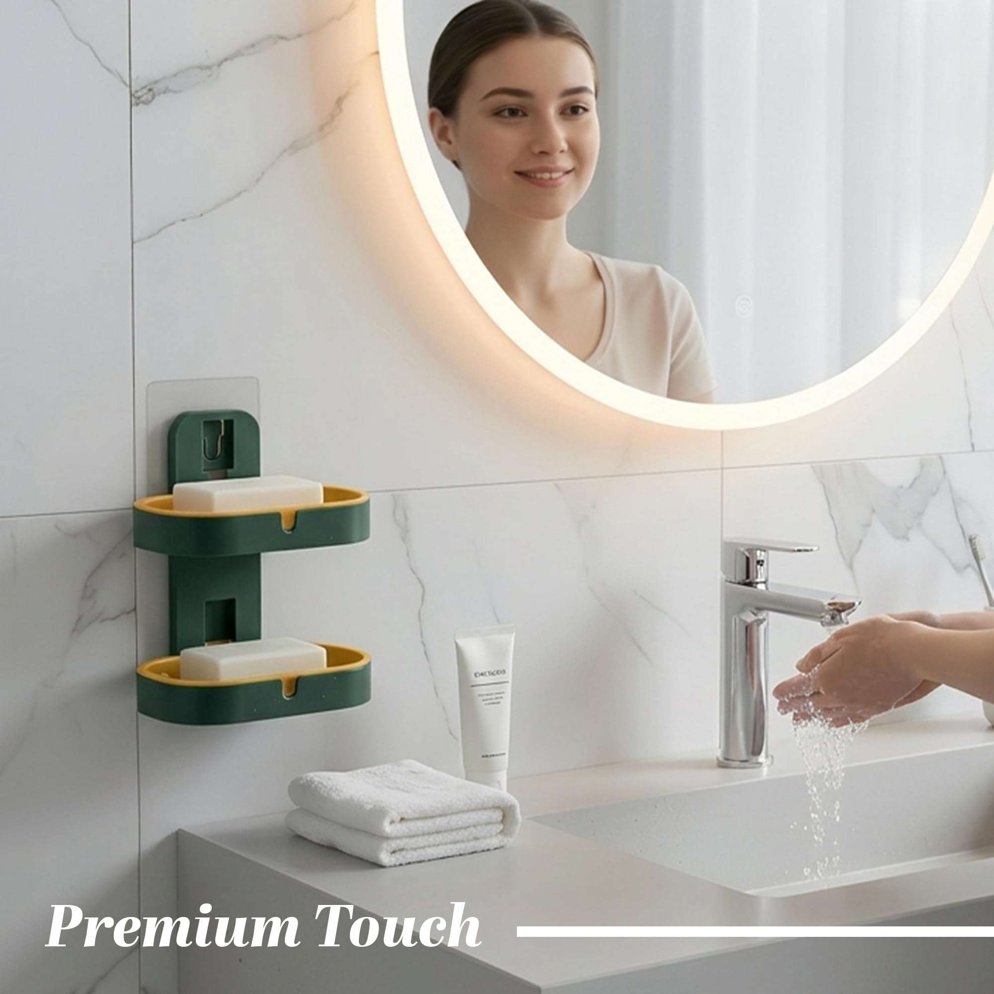 IBELL Wall Mounted Double Layer Soap Dish Holder with Drain Tray, Self Adhesive No-Drill Soap Stand for Bathroom & Kitchen | Plastic Soap Holder (10 x 15) cm 4