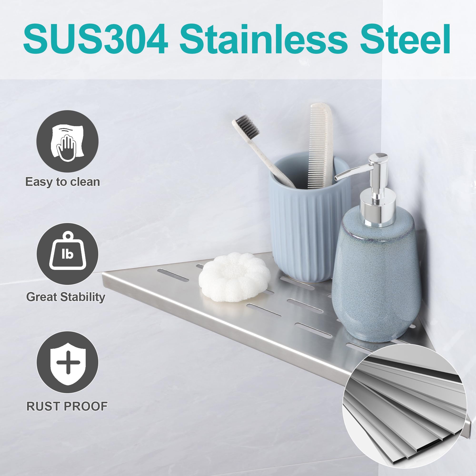Xiarnotogi 12" Corner Shower Shelf, 2-Pack Bathroom Shelves for Tile Walls, SUS304 Stainless Steel Recessed Shower Shelf, Grout in Corner Organizer Shelves, Brushed Silver, Large Size 4