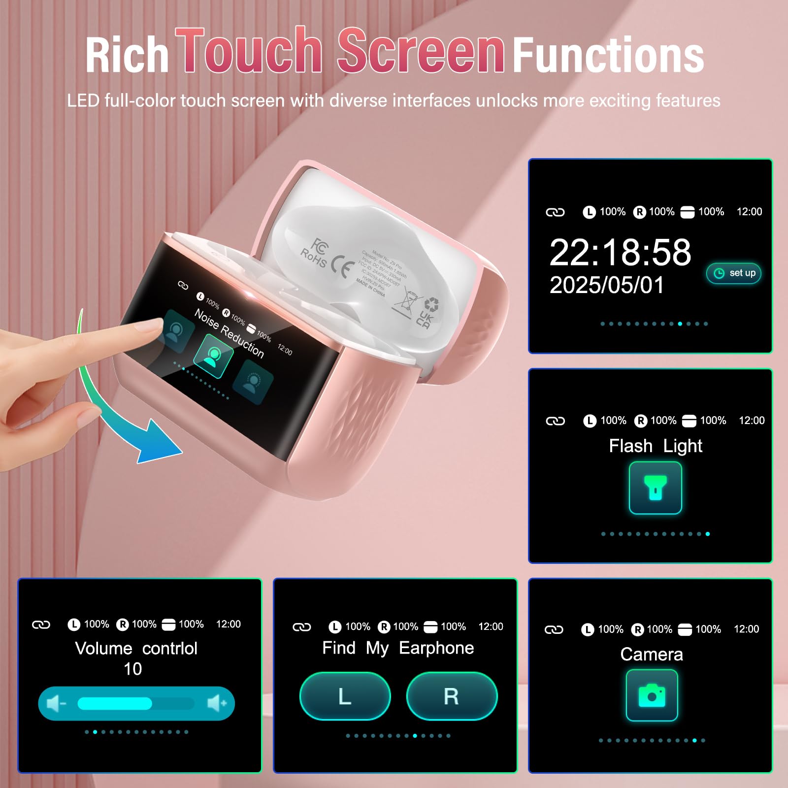 ZYHKON Wireless Earbuds with Touch Screen, Bluetooth 5.4 Headphones, ANC/ENC Noise Cancelling, 48H HiFi Stereo Bluetooth Ear Buds with 5 EQ Modes, Transparency Mode, IPX7 Earphones, Rosa 5