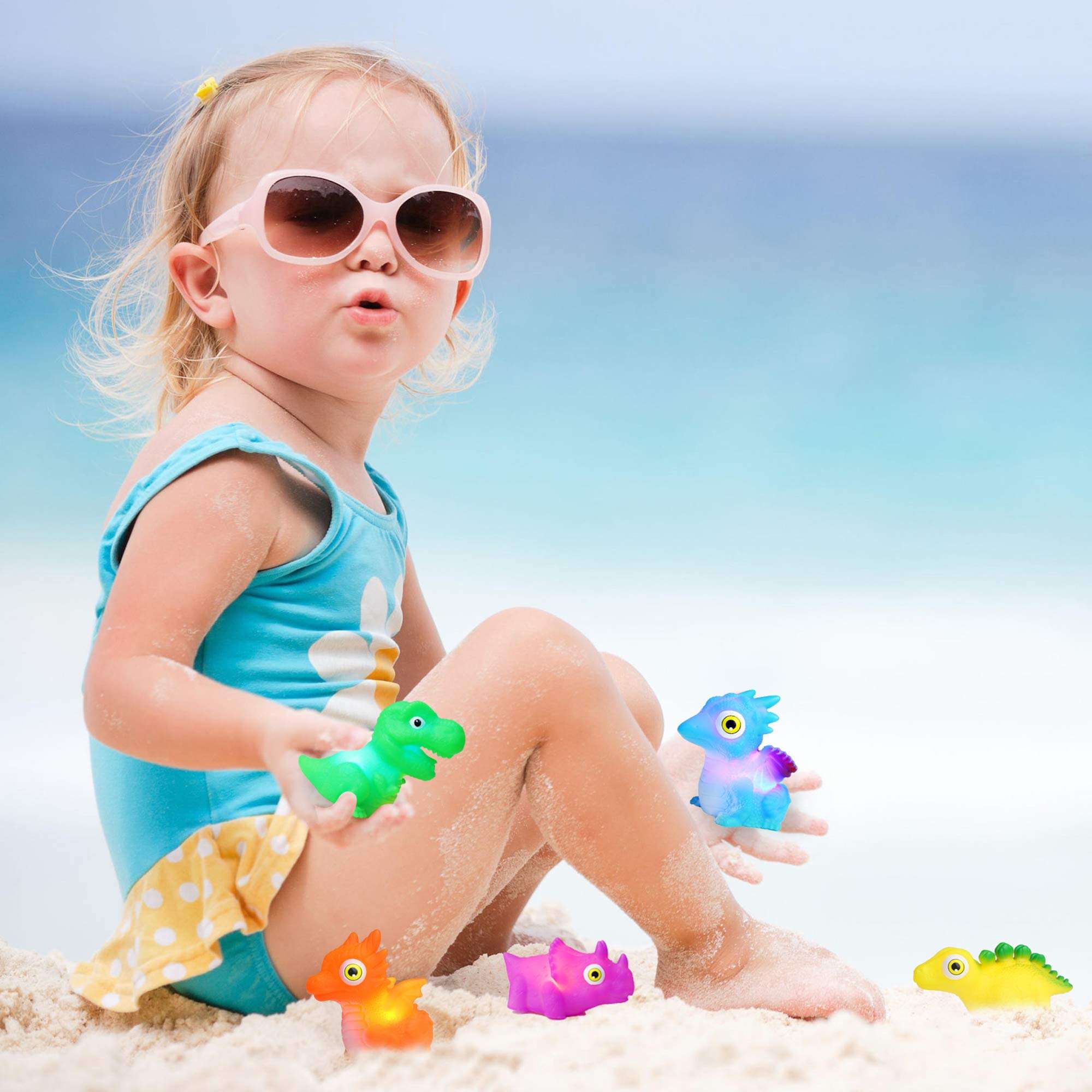 yoliyogo Bath Dinosaur Toy with Light Flashing Model Dinosaur Floating Bathtub Game Bright Figure Dinosaur Set Ideal Gift for Kids 6