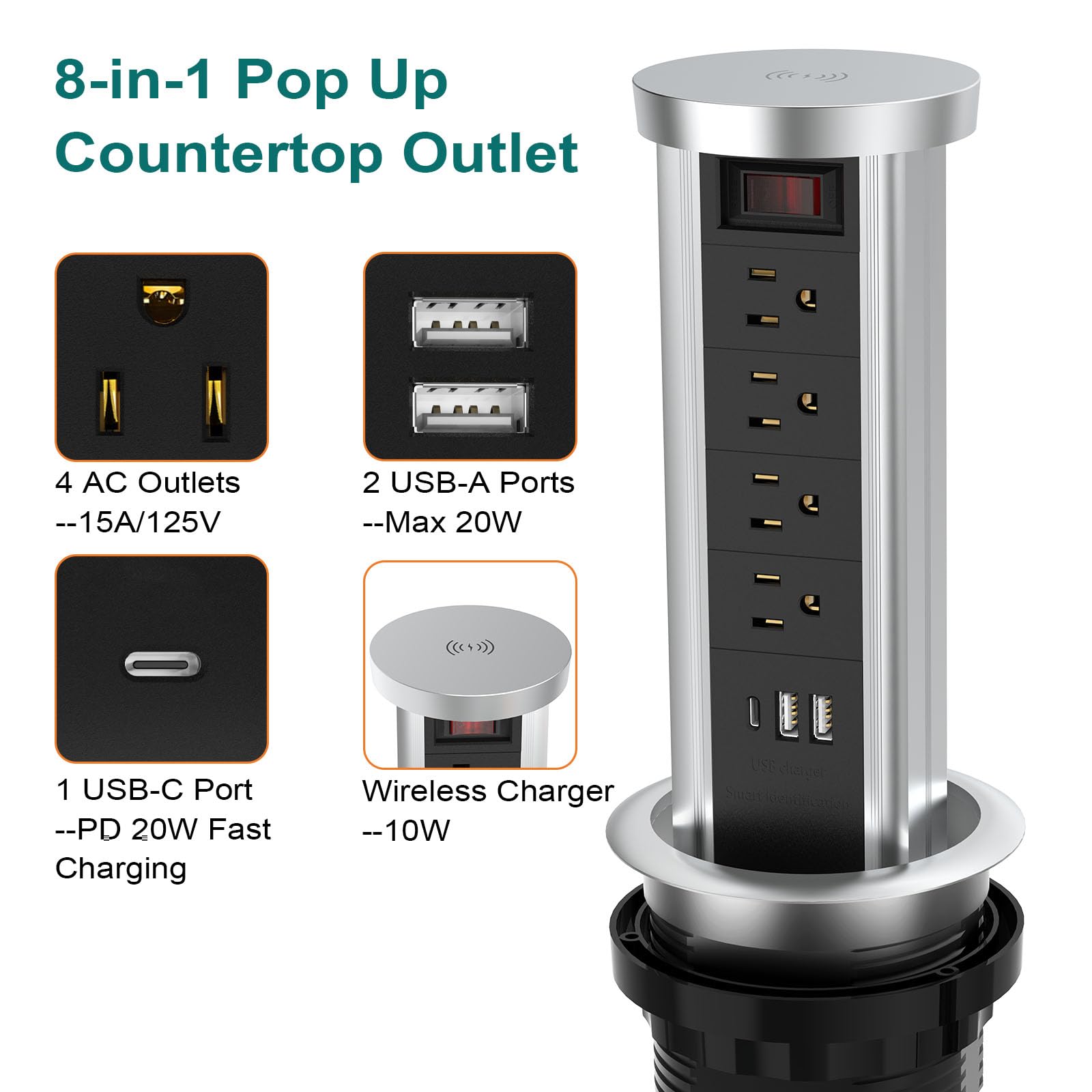 Automatic Pop Up Power Outlet, Popup Wireless Charging Station with 3AC Plugs + 2 USB, Pop up Electrical Outlets for Countertops, Recessed Hidden Outlet for Kitchen Island Conference (Silver White) 4