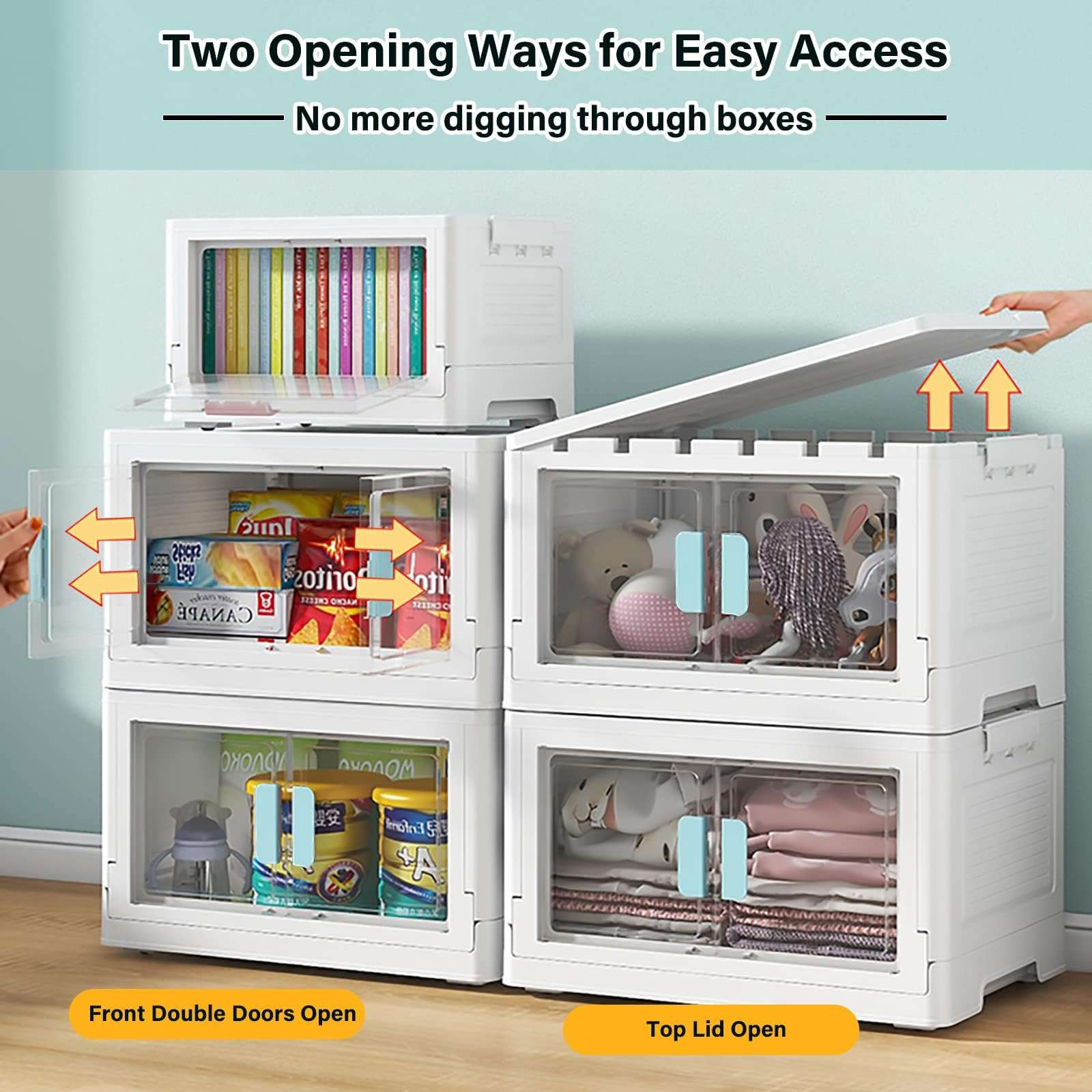 Wardrobe storage organiser, 3 Pack Foldable Storage Boxes Large 50L*3 Stackable Collapsible Clear Storage Boxes Organizer 50 * 36 * 90cm, Front Door Opening for Easy Access, Movable Foldable Container 4