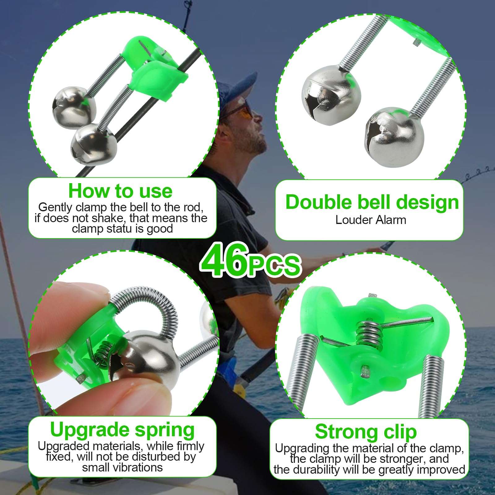Prdiozyn 46PCS 3rd Generation Plastic Fishing Bells, Fishing Rod Alarm Bell with Extra Loud Dual Alert Bells Clip, Fishing Bells for Rods, Easy for Night, Ice Fishing, Green. 4