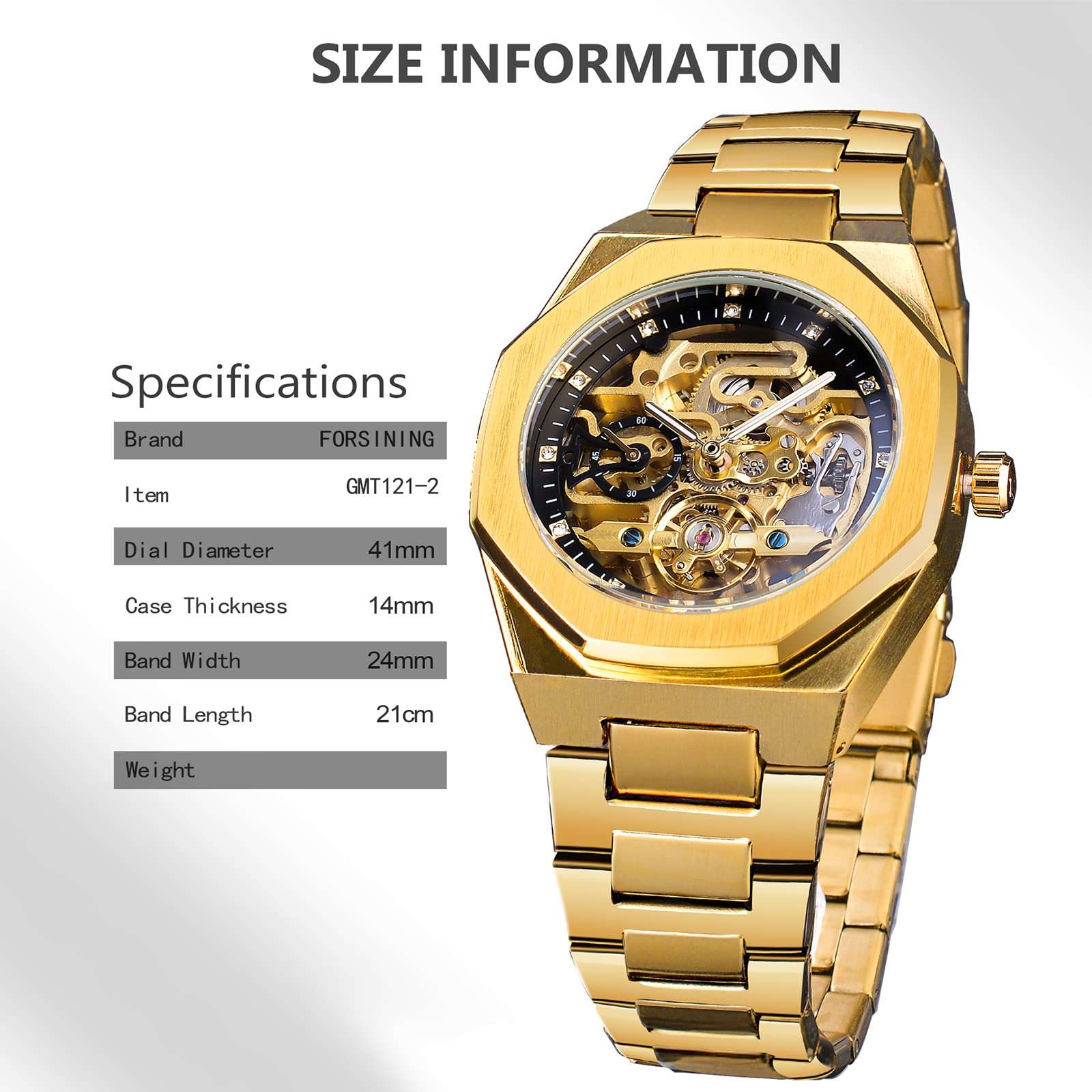 FORSINING Automatic Watch Mechanical Wrist Watch for Men Octagonal Waterproof Skeleton Watches Luxury Diamond Tourbillon Silver Stainless Steel Band 3