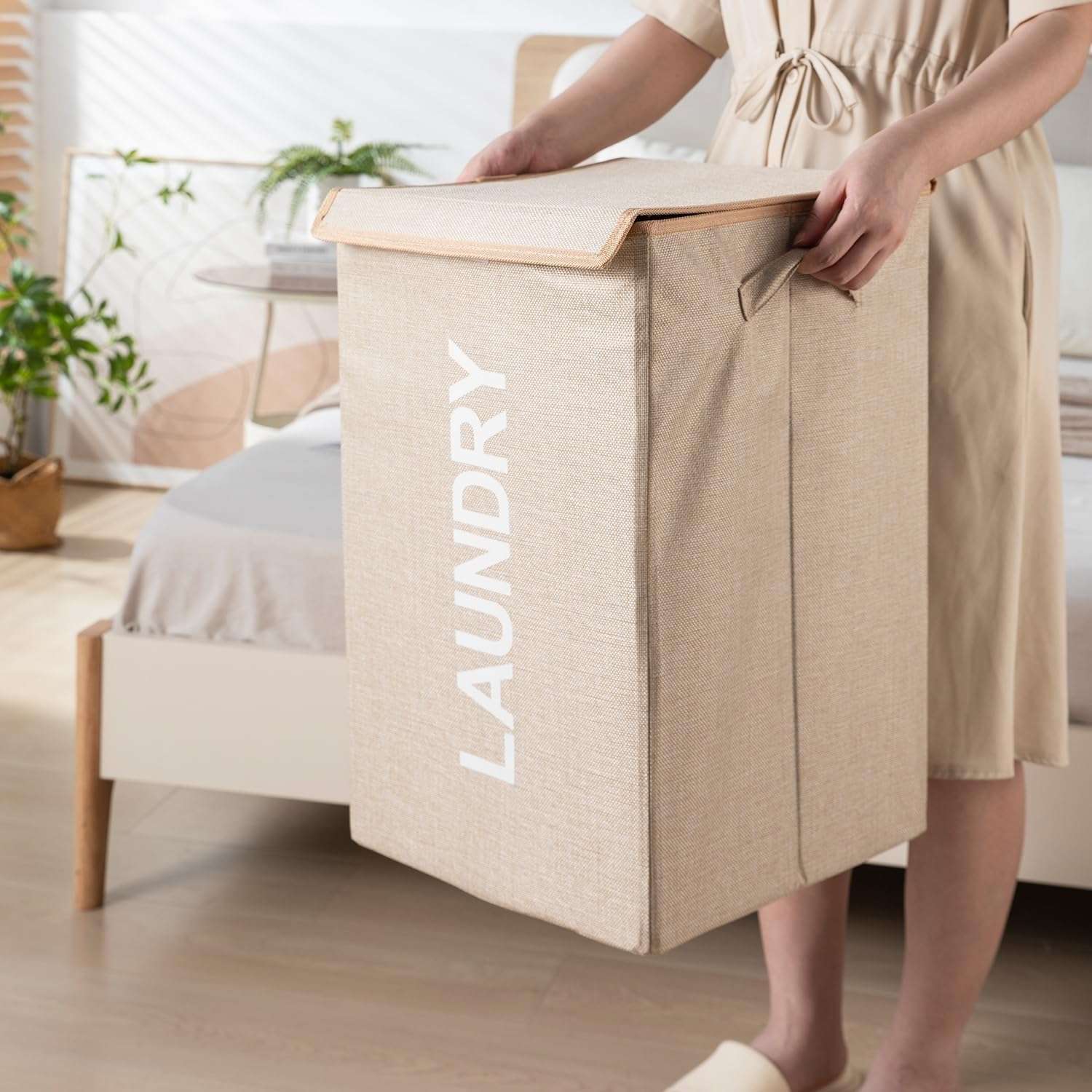 ZOVIRA 75L Laundry Basket for Clothes Non Woven Laundry Bin Laundry Bags for Clothes Freestanding Clothes Storage Organizer for Bedroom Basket for Clothes Cloth Bin Bag (Beige) 3