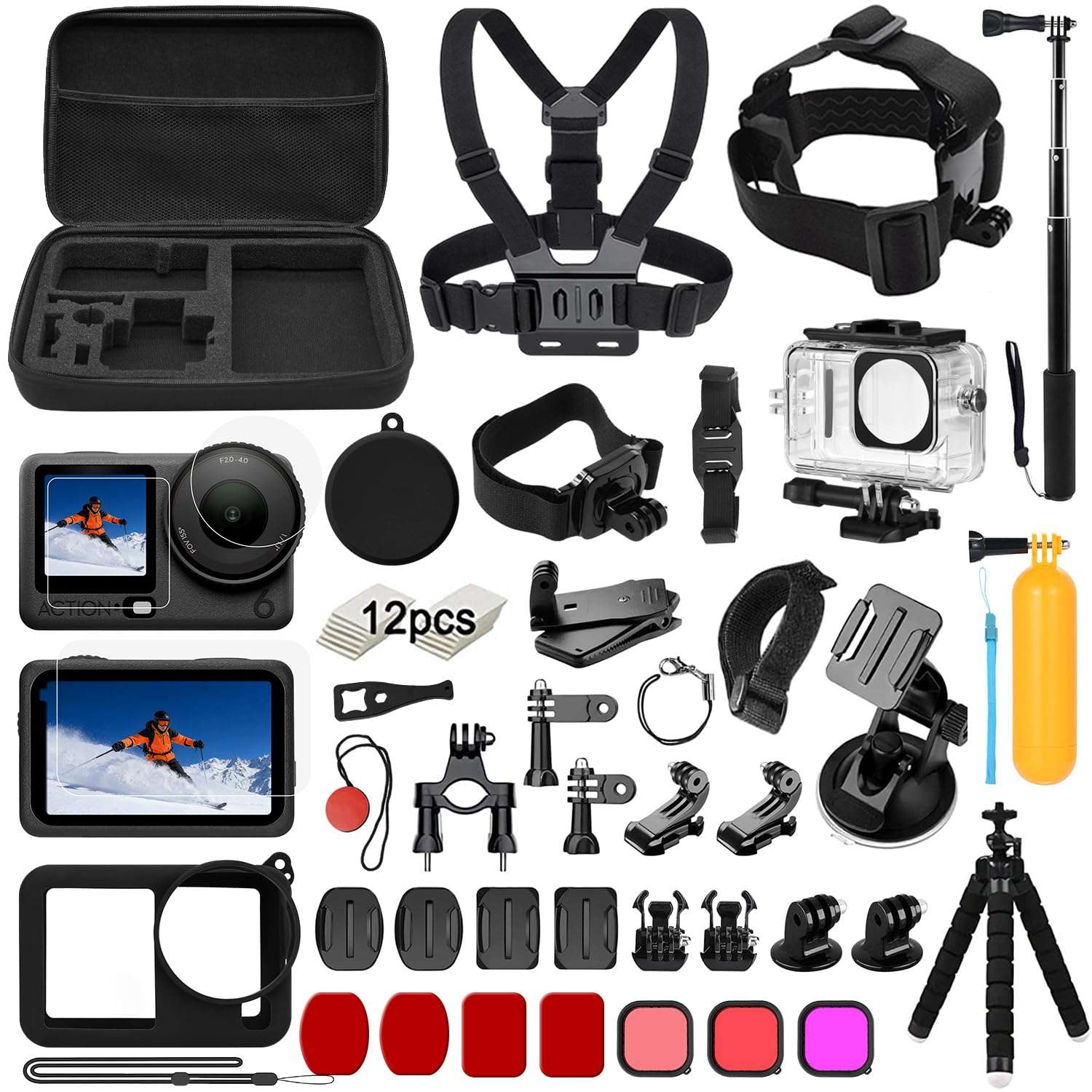 Accessories Kit for DJI Osmo Action 6 Black, SGIP Waterproof Protective Cover Housing Bike Mount Selfie Stick, Accessory Set 1