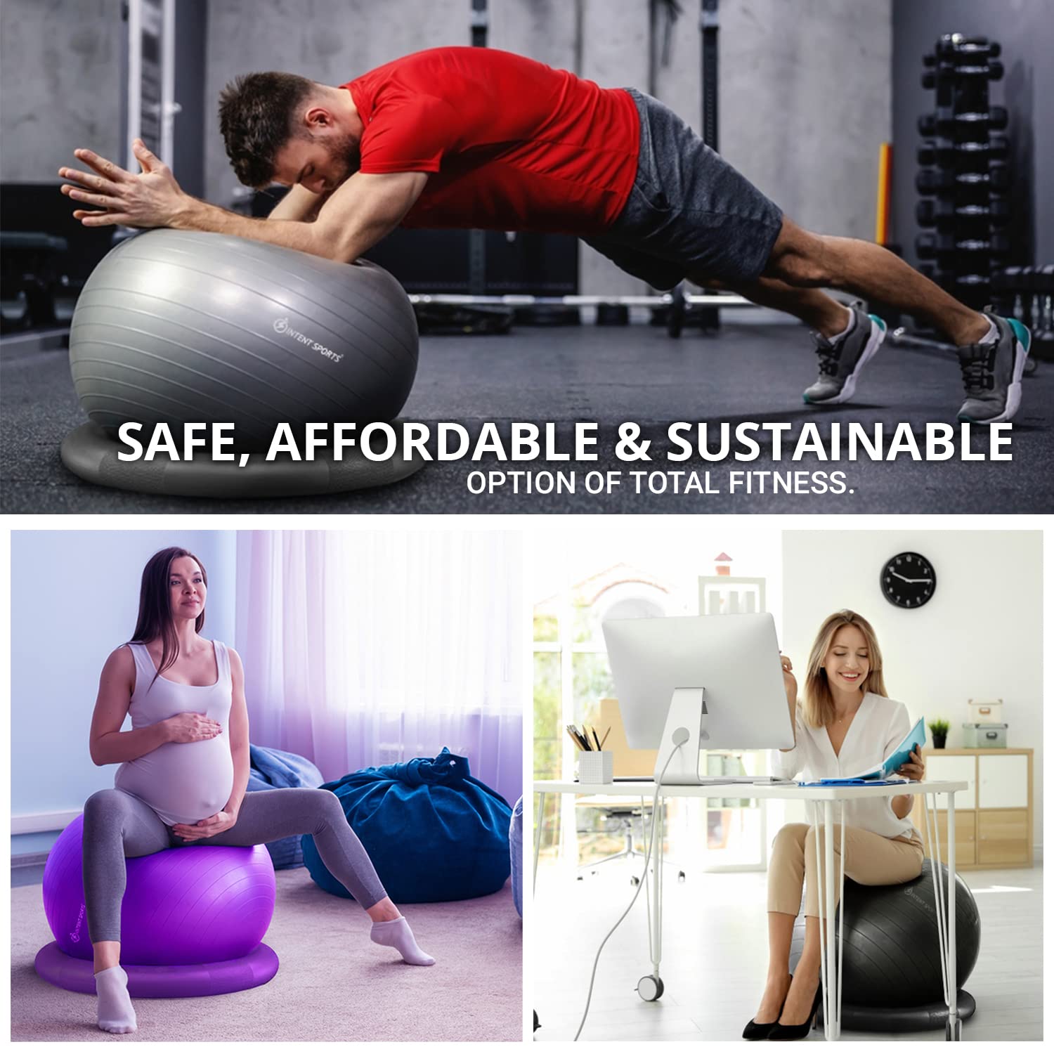 INTENT SPORTS Yoga Ball Chair – Stability Ball with Inflatable Stability Base & Resistance Bands, Fitness Ball for Home Gym, Office, Improves Back Pain, Core, Posture & Balance (65 cm) (Purple) 6