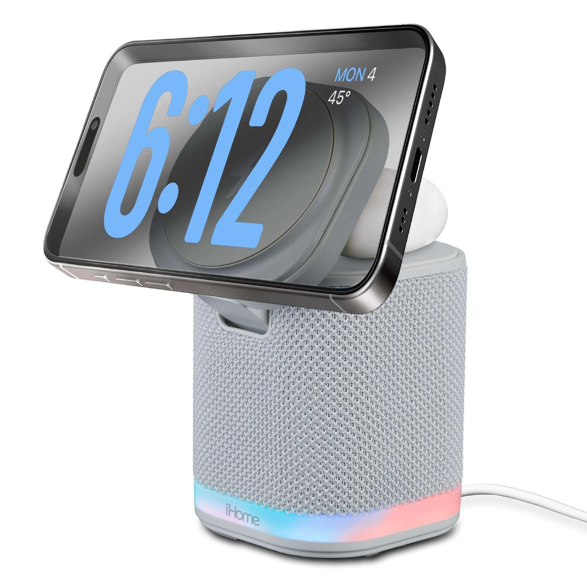 iHome Bluetooth Speaker with Wireless Charger, Charging Station with Color Changing Night Light - Gray (iPBT50G) 1