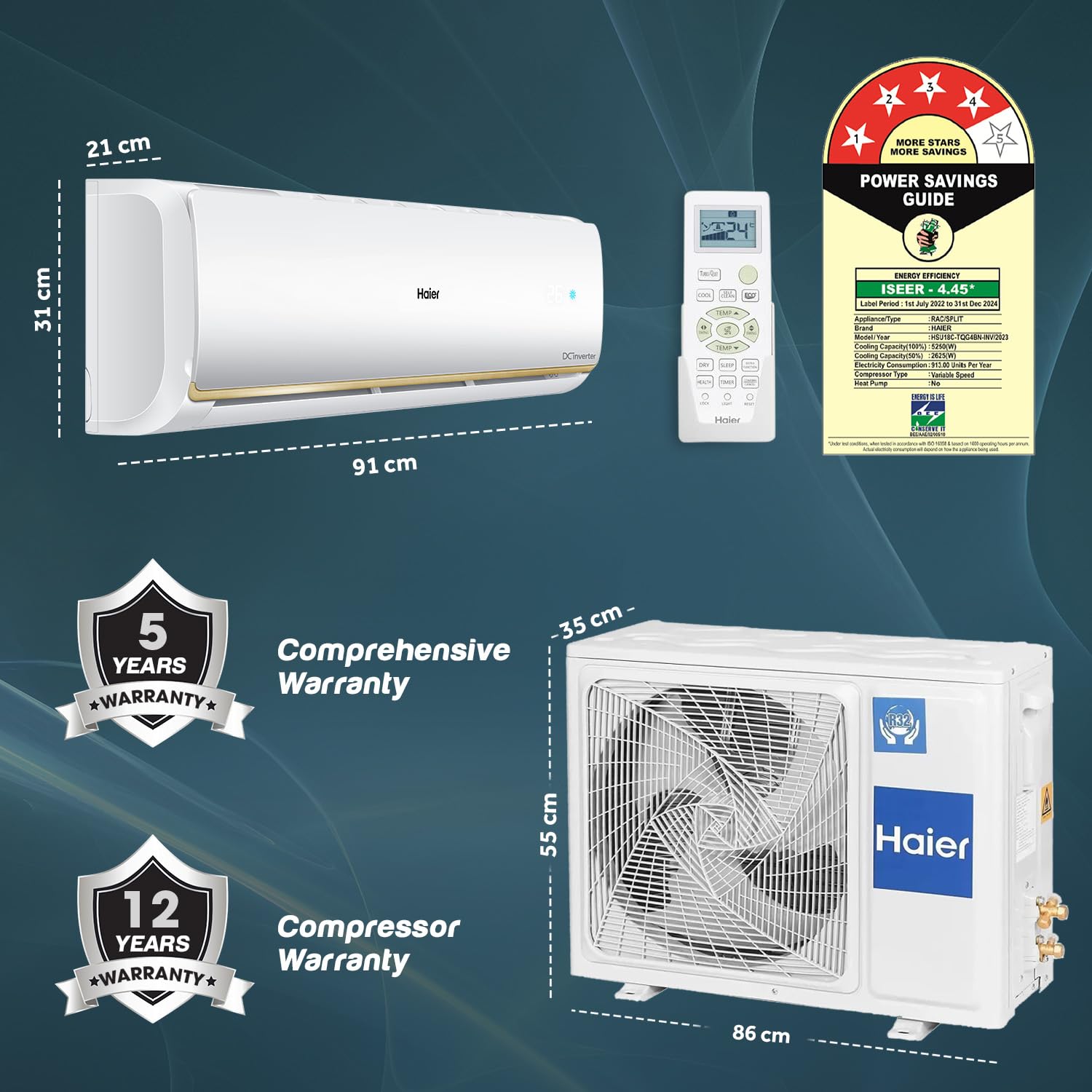 Haier 1.5 Ton 4 Star Triple Inverter Split AC (Copper, 7 in 1 Convertible, Anti Bacterial Filter, Cools at 60°C Temp, 20 Mtrs Air Throw - HSU18C-TQG4BN-INV,White,2024 Model) 3