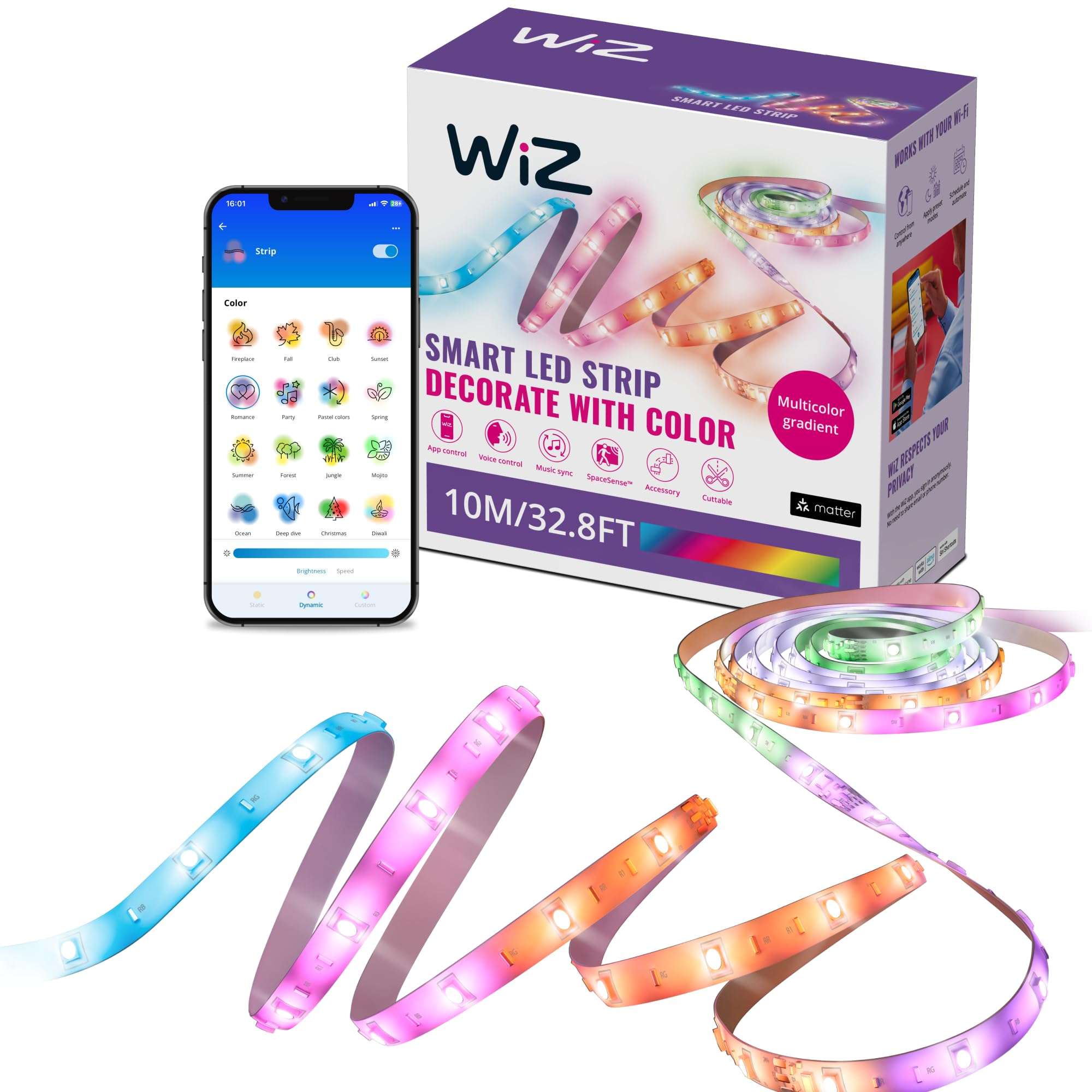 WiZ Connected 32.8 ft LED Light Strip - Flowing Multicolor LED Color-Changing Light Strip For Your Smart Home -Voice/App Control - Works with Google Home, Alexa and HomeKit 1