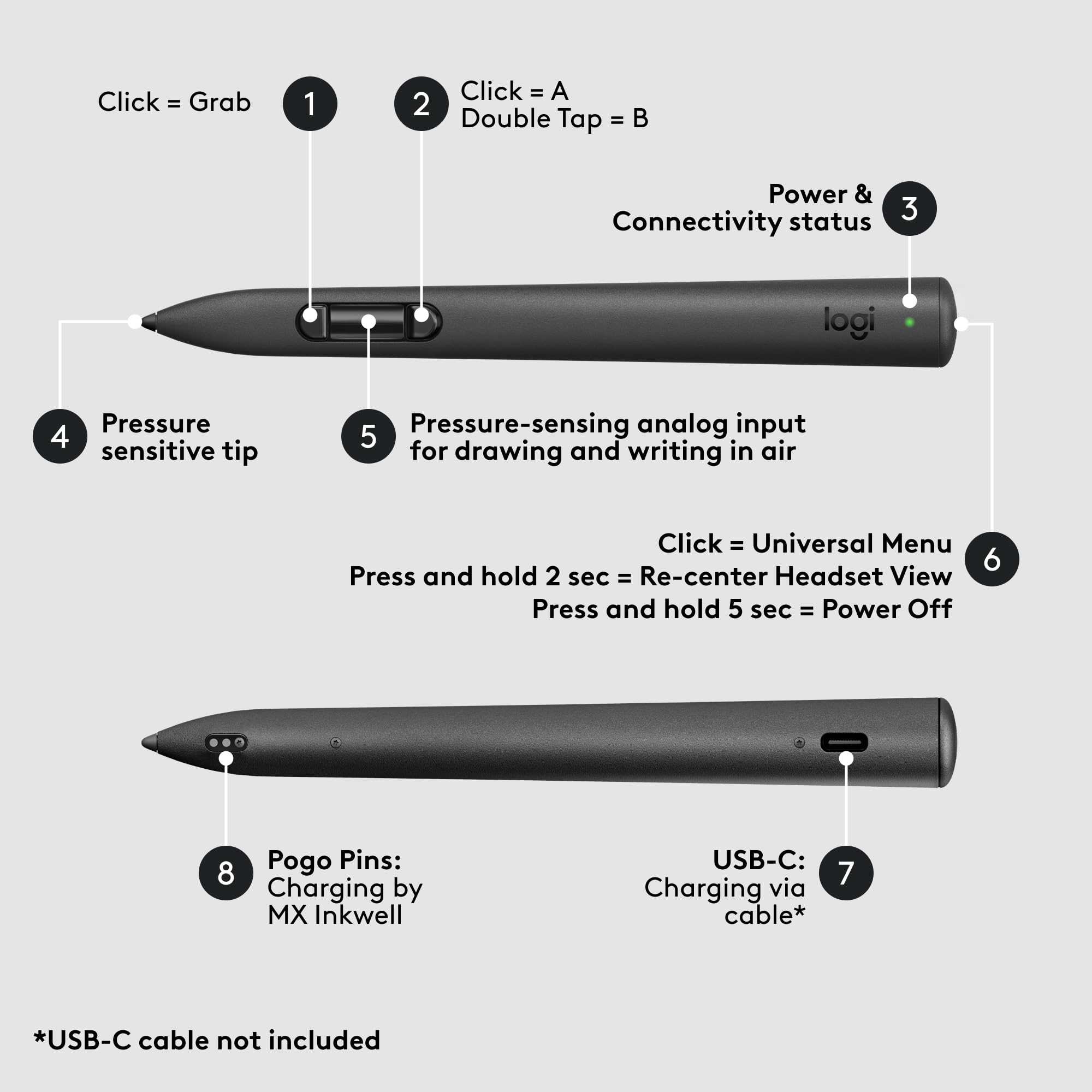 Logitech MX Ink Mixed-Reality (MR) Stylus with Charging Dock Combo, high Precision and Pressure Sensitive, Transforming Ideas in MR from 2D to 3D, for Meta Quest 2, Meta Quest 3, Meta Quest 3S 6