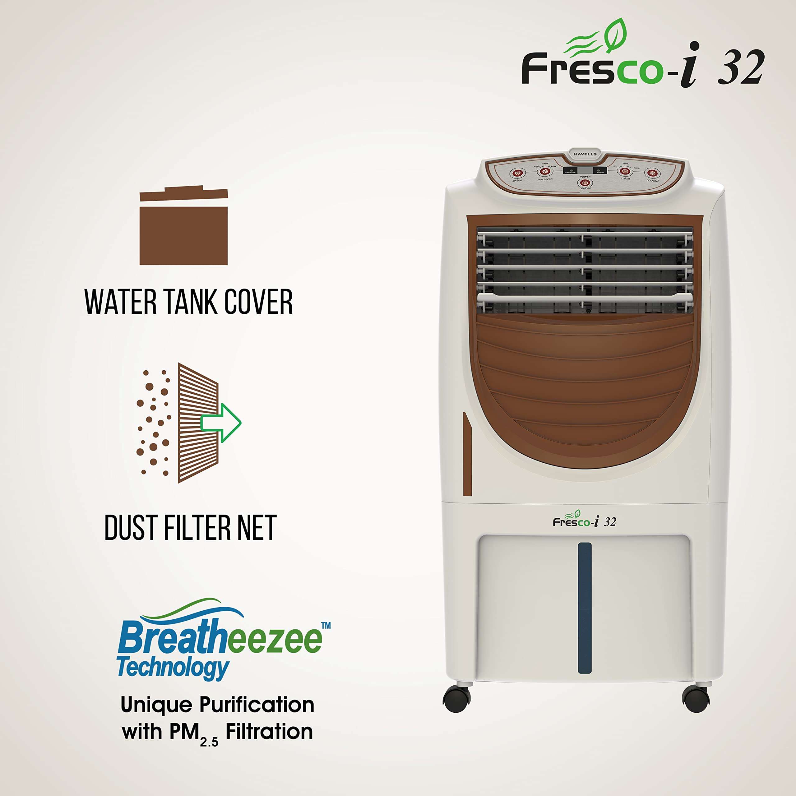 Havells Fresco-i 24L Personal Air Cooler for home | Powerful Air Delivery | High Density Honeycomb Pads | Auto Drain, Humidity Control, Dust Filter Net, Overload Protection | Heavy Duty (White/Brown) 3