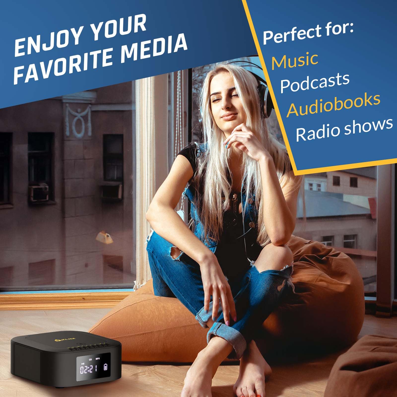 KLIM Boombox E1 – Portable CD Player with Subwoofer – Extra Bass, Bluetooth, FM Radio, USB, AUX, MP3 – Rechargeable Battery, Wired & Wireless Modes, Remote Control – Black/Gold 5