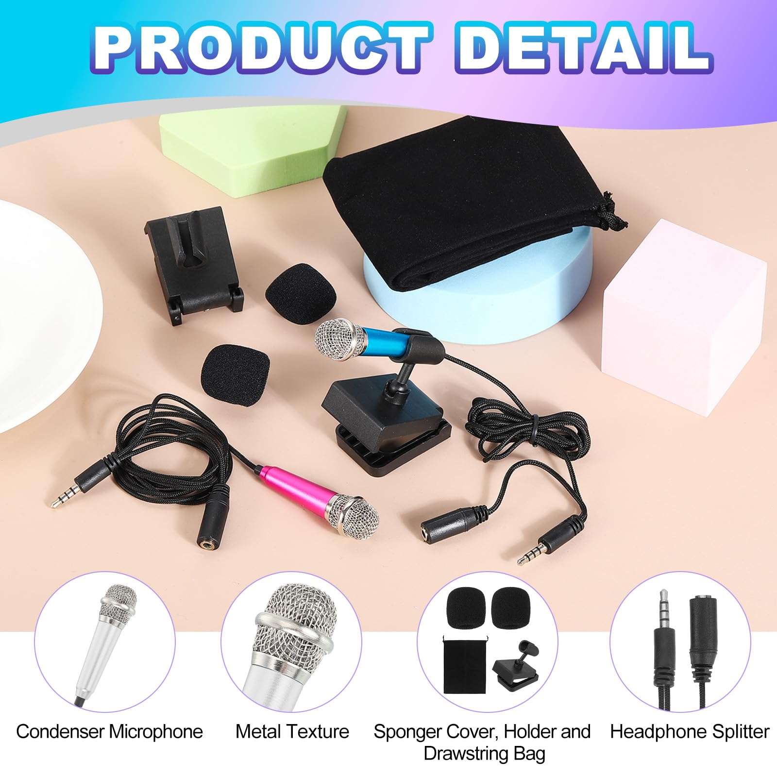 MECCANIXITY 4Pcs Mini Microphone, Mic Tiny Microphone with Sponge Cover, Holder and Drawstring Bag Portable for Karaoke Voice Video Recording Singing (Rose Red/Silver/Blue/Gold) 4