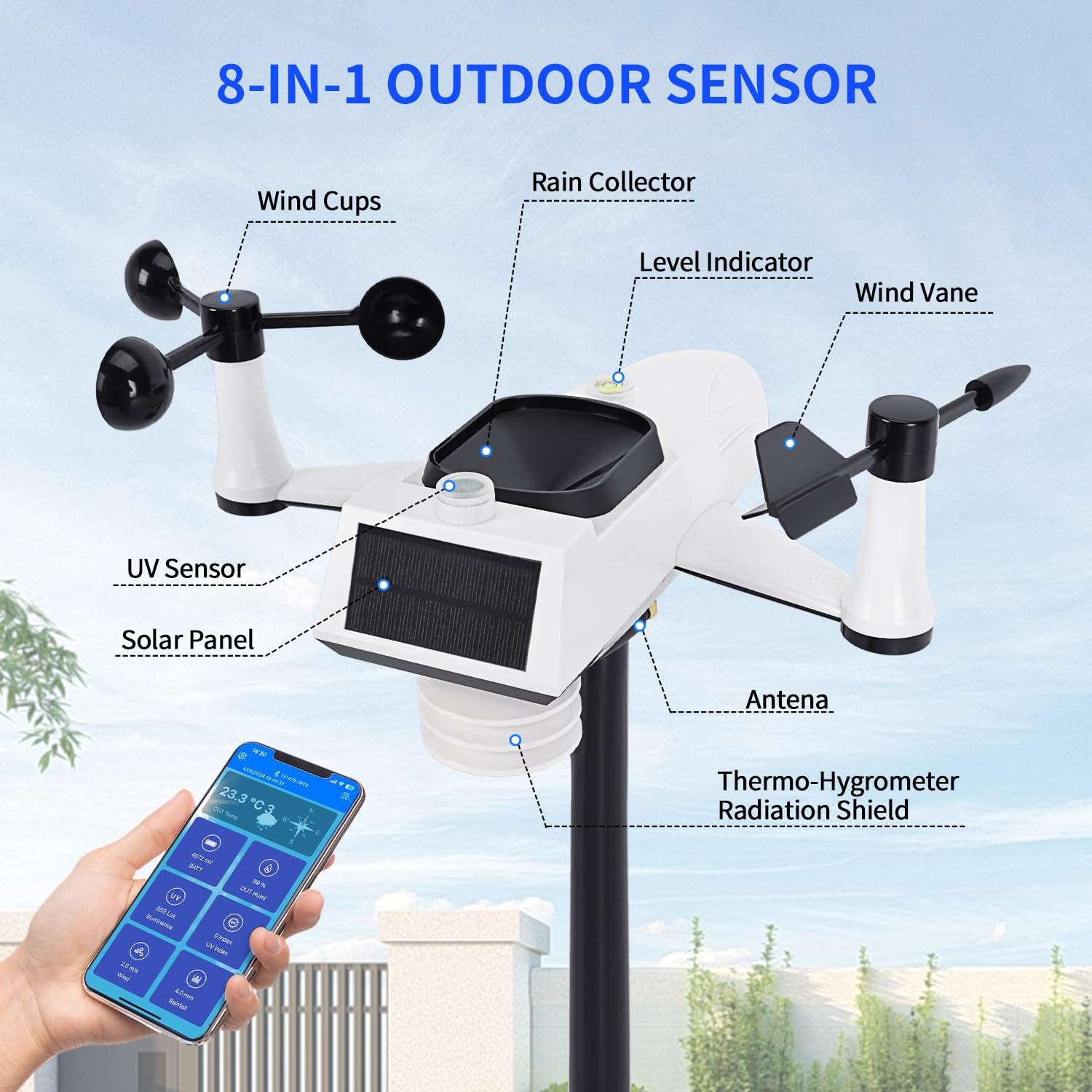 Wireless Weather Station, Outdoor Weather Forecast Weather Station, Measuring Temperature, Humidity, Wind Speed, Wind Direction, Rainfall, Light Intensity and Uv Meteorological Instruments 3
