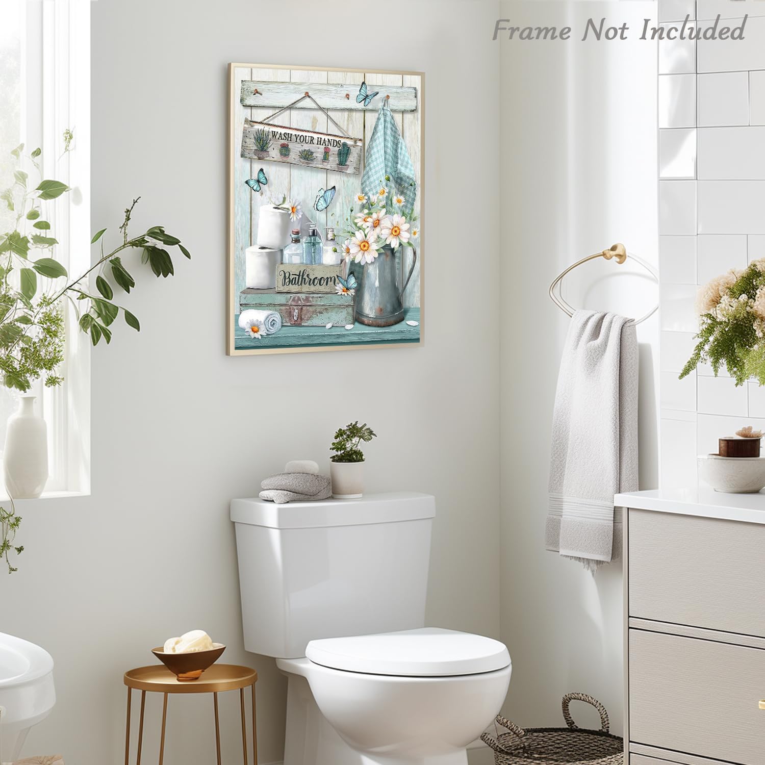 Dazzlewall Farmhouse Bathroom Decor Wall Art Rustic Teal Flower and Butterfly Pictures Wash Your Hands Sign Artwork for Bathroom 12x16 in Unframed 4