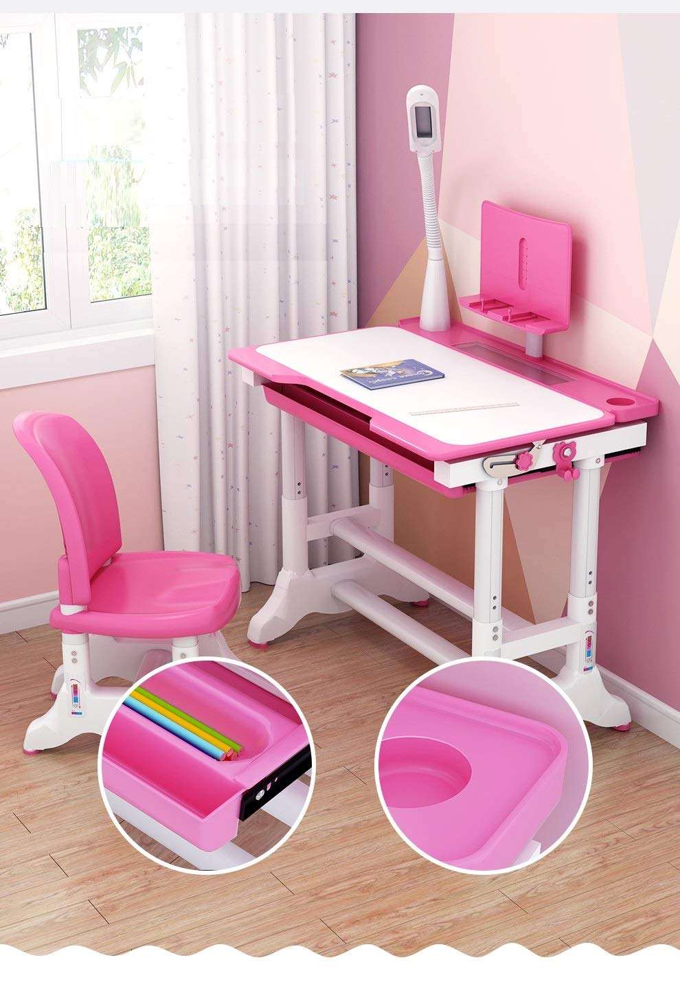 IRIS Ergonomic Kids Desk and Chair Set - Height Adjustable - Eye Protection Lamp for Study Room (Pink) 3