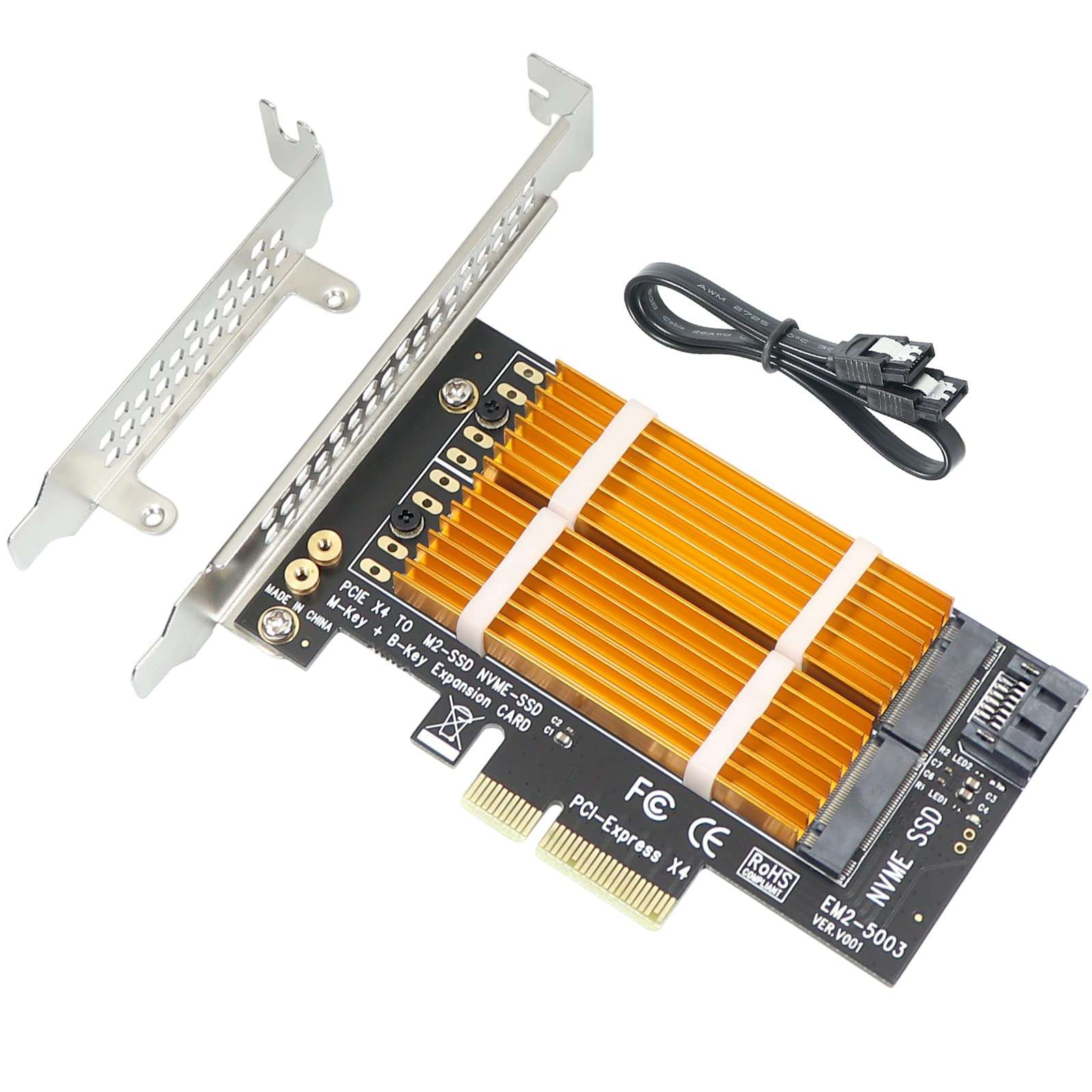 M.2 NVMe PCIe Adapter,Dual M2 SATA B Key and NVMe M Key to PCI-e x4 Adapter Card for 2280 2260 2242 2230 SSD, with M.2 Heatsink 1