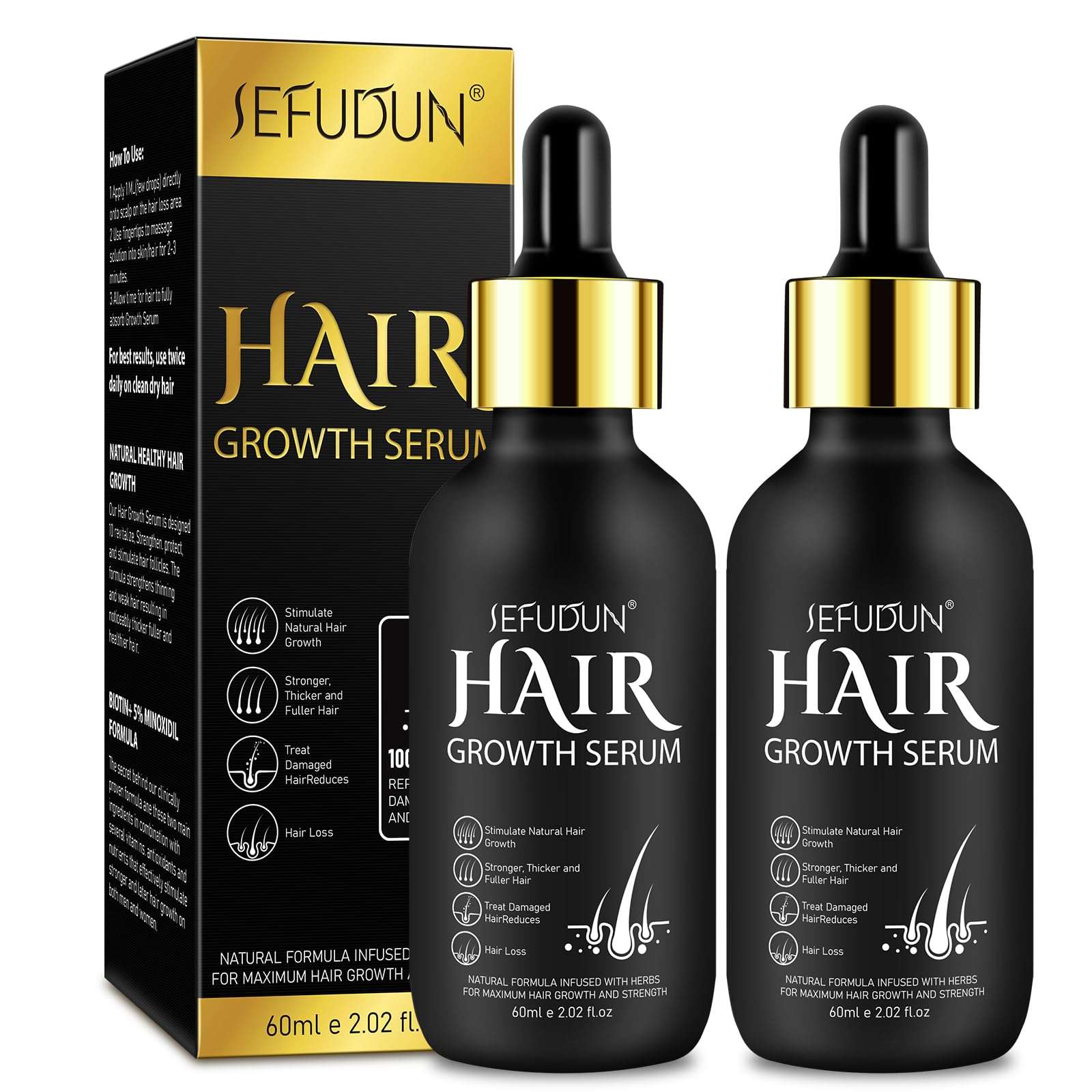 2 Pack 5% Minoxidil Hair Growth Serum, Minoxidil for Men Beard Growth, Natural Hair Growth for Longer Fuller Healthier Hair, Biotin Hair Growth Serum & 5% Minoxidil Treatment 1