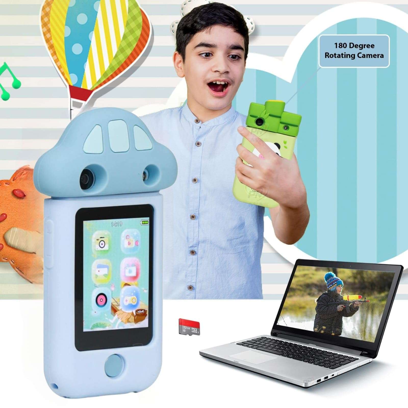 BLiSS HUES Kids Touchscreen Smartphone Toy with 2.8" Screen- 360 Degree Roatating 8MP Dual Camera- MP3 Music Player- in Built Games & Wallpapers- Dinosaur 6